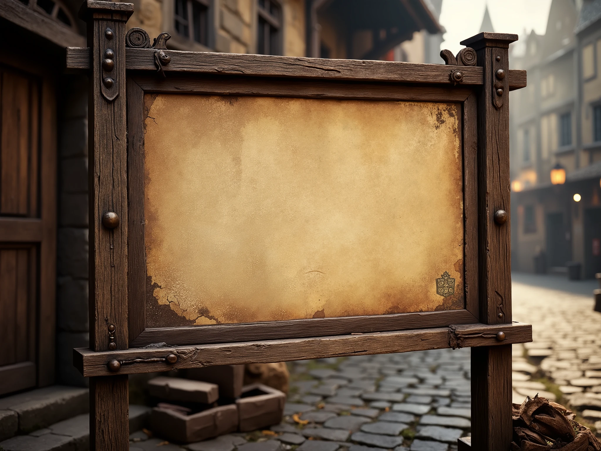 empty large wooden board on wooden poles for DND ads.  simple blurred background . hand-drawn image with colors. highly detailed bulletin board.