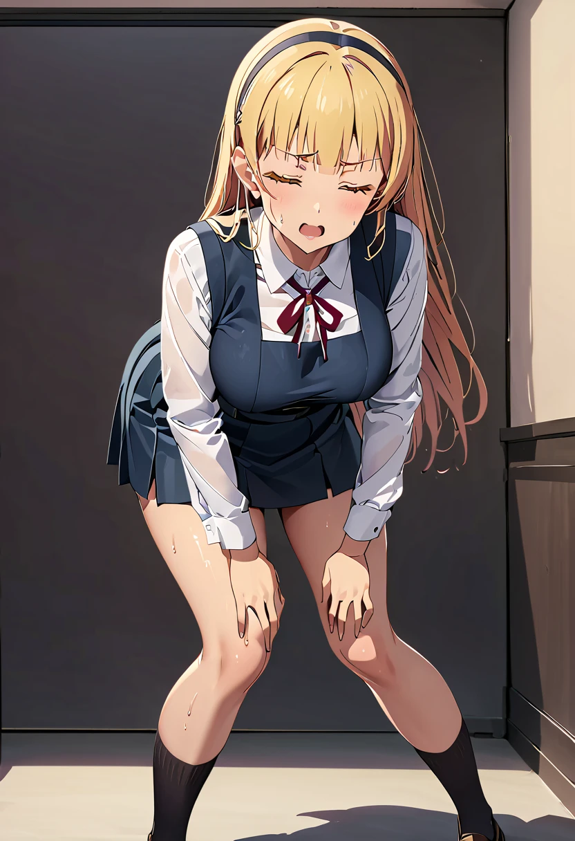 masterpiece, Highest quality, High resolution, 1 in, Side Ponytail, Long Hair, Ahoge, White shirt, Blue Skirt, Long sleeve, Red Bow, White socks, Are standing, Cowboy Shot, indoor, School corridor,Disgust,anger,Open your mouth,wear randoseru backpack,Butt,((Pussy in full view:1.5)),((Skirt Lift)),(No underwear),Sweat,Love juice