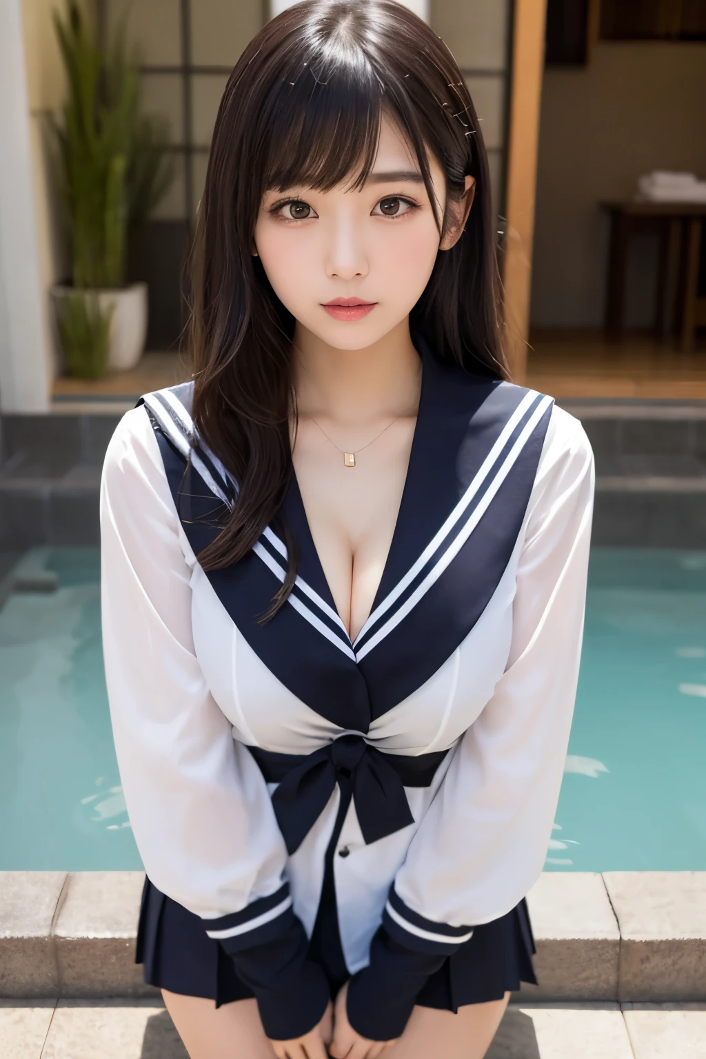 ((A high school girl soaking in a hot spring)),(school uniform, blazer、Black Pantyhose:1.3, trucker hat), Highest quality, masterpiece:1.2,RAW Photos:1.3,Very detailed,Dynamic composition, (Detailed face,Beautiful Face,Perfect Face、Symmetrical Beautiful Face、Beautiful symmetrical eyes:1.2,With eyes wide open,Horizontal eyes,Thin eyebrows, Long Hair:1.2、Brown Hair,)