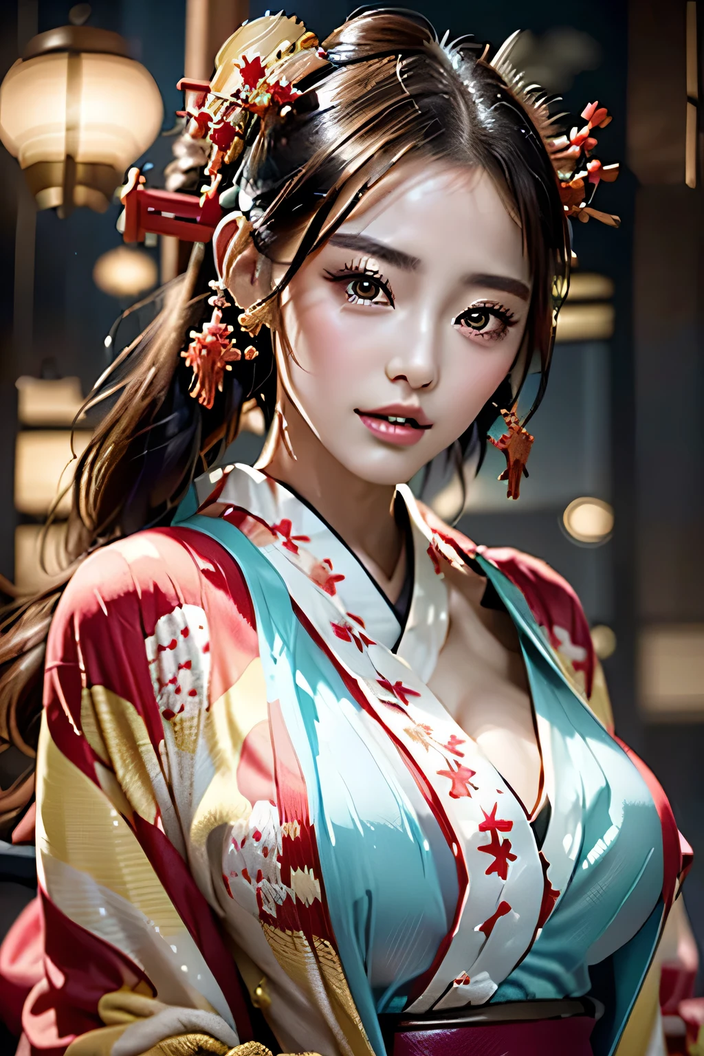 [Sweet dreams about: Real life analog photo of: 0.25] a full-figured southeast Asian eighteen female with golden eyes, oval ears, wide jaw, angular cheeks, straight forehead, moles, burgundy waterfall braid hair, awe wearing kimono robe, sinamay hat, a lively street fair with food stalls, live music and laughter, starry sky with twinkling stars, mystery and sensuality, magical and romantic,