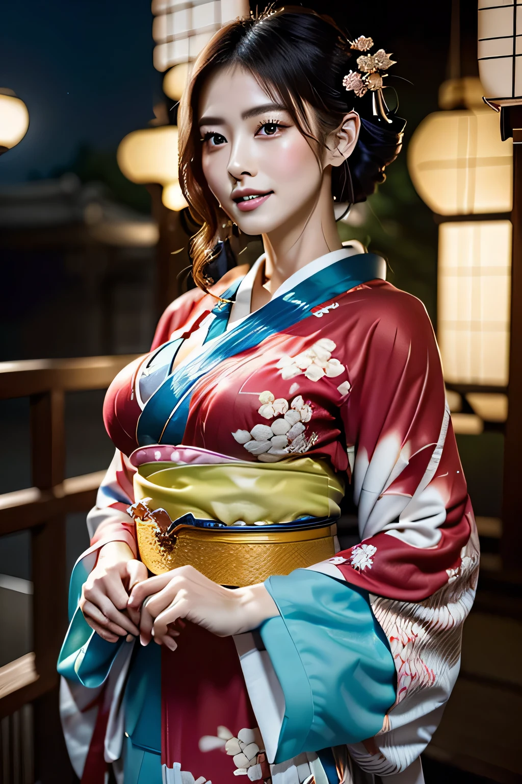 beautiful Japanese woman with big breasts in a revealing kimono, autumn, on a black background, autumn leaves are falling, wind,