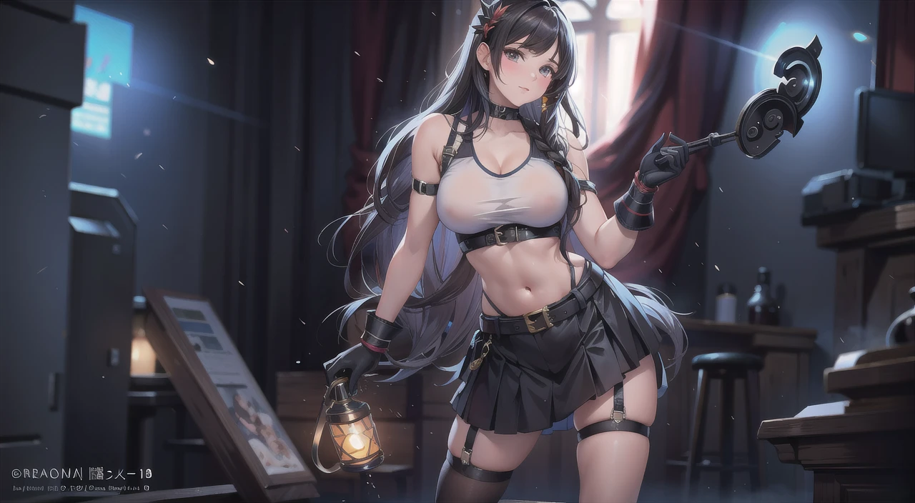 (masterpiece, best quality:1.2), (detailed face and eyes:1.1), Tifa Lockhart, (mature woman), muscular, athletic, cheerful, gorgeous heart-shaped face, toned body, hourglass figure (massive breasts), long dark hair tied with ribbon at the end, ((Aerith costume)), realistic, seductive, red eyes