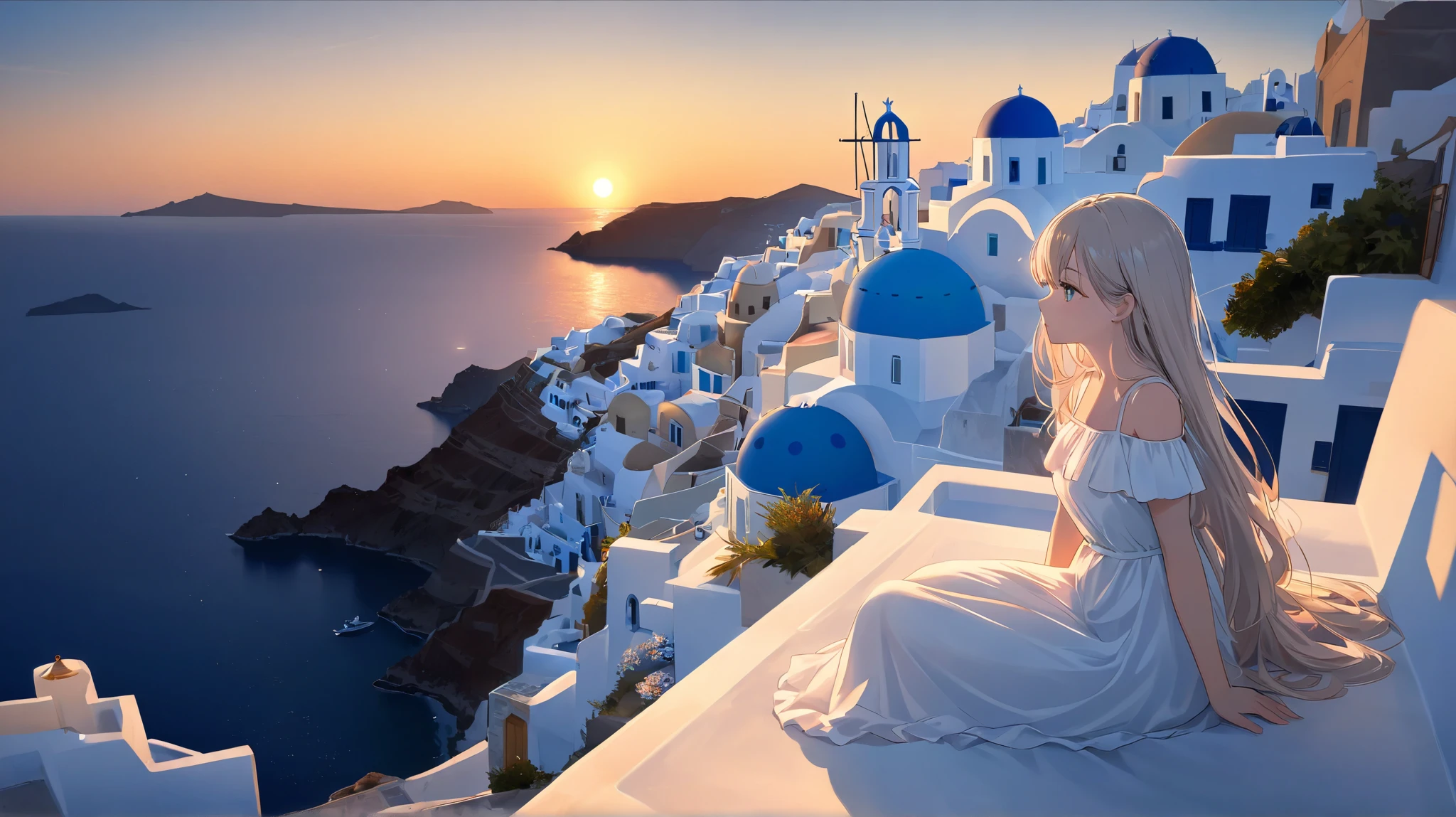 "A serene scene at sunset in Santorini, Greece, with white-washed houses and blue domes glowing warmly under the evening sky. A young girl with long flowing hair is sitting on a ledge in the foreground, gazing out over the breathtaking view. She is wearing a simple white dress, blending harmoniously with the peaceful atmosphere. The setting sun casts a golden light over the landscape, enhancing the magical ambiance of the moment. Cinematic framing in a 16:9 aspect ratio."