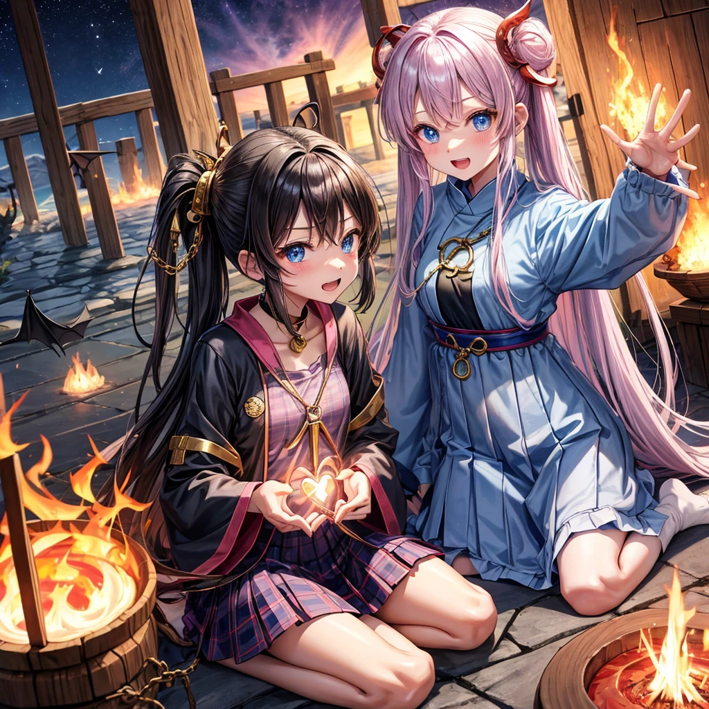Dark Blue Hair、Golden Eyes、Braid、One good looking girl、solo、anime、Checkered mini skirt、Ruffles on the skirt、Red T-shirt、Cape、Gothic、Black knee-high socks、bandana、Wearing a ribbon、Ribbon on waist、Tilting face、Teeth are visible、Sunset sky、Piercing the clouds、Contrail、tree、Touching your face、lotus leaves、Cumulonimbus、Pillar of Light、Magic wand、Sitting on a golden treasure chest、I'm pounding、Crystal Fire