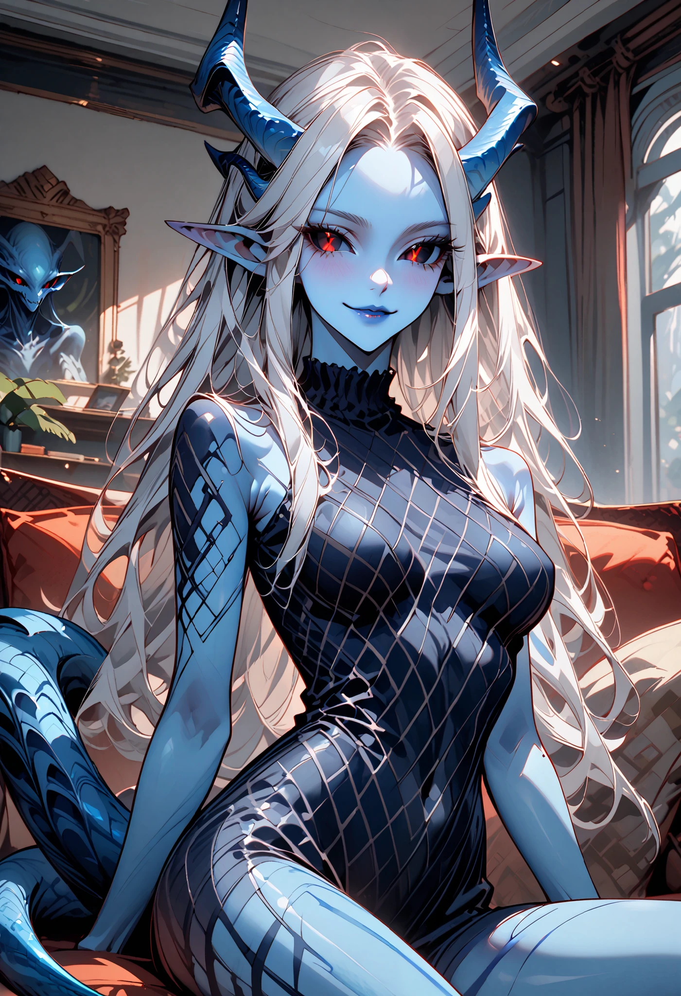 solo, female, close up, alien, navy blue skin, silver hair, silver hair, long hair, casual clothes, smile, curvaceous, slim, sinuous body, blue lips, very tall, broad shoulders, medium breasts, cowboy shot, living room, sitting, Blue skin, Black sclera, Pointy ears, Horns, Tail, Female alien, Monster girl