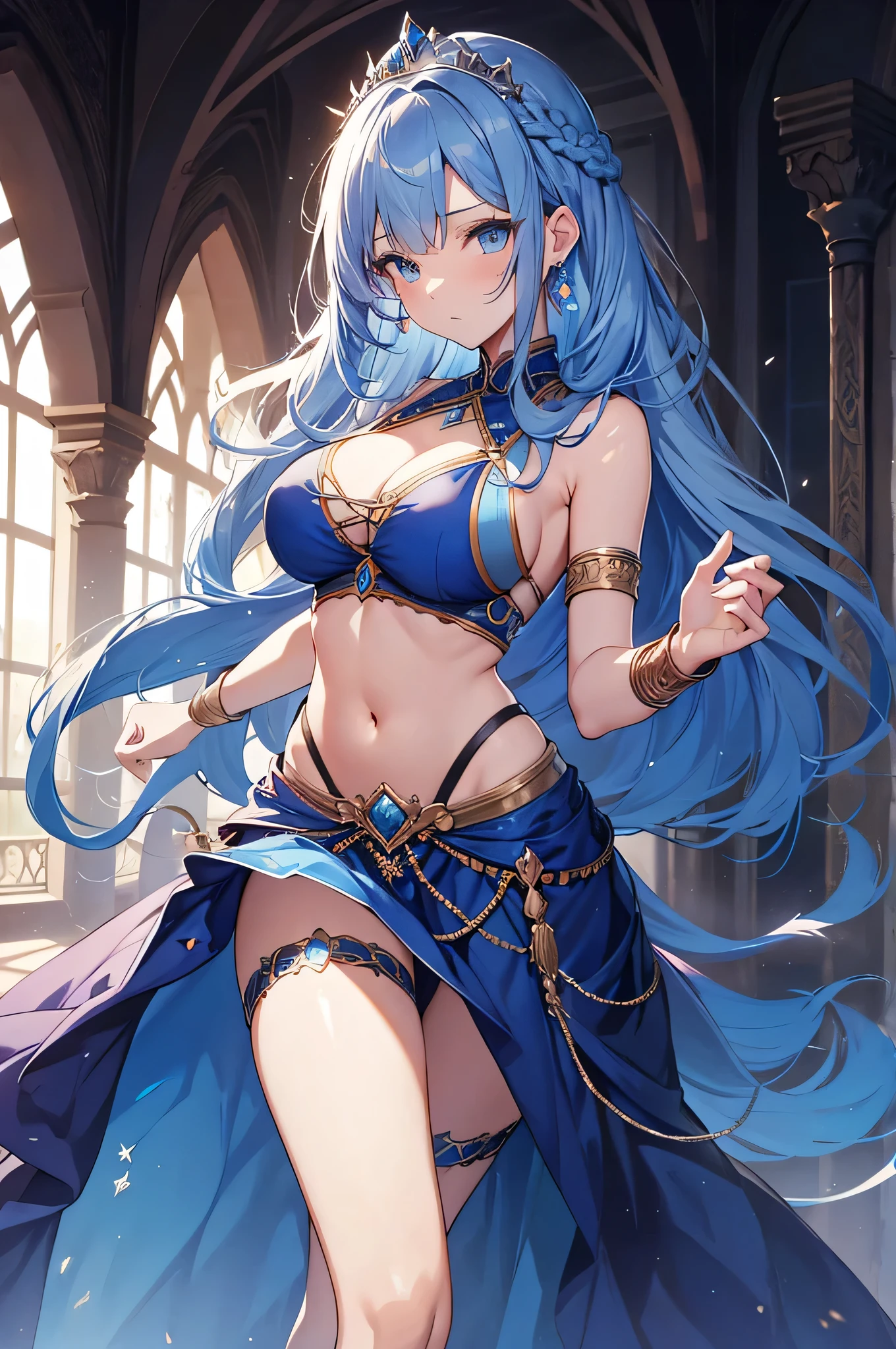Big-breasted queen, perfect slim body, mature royal sister, blue hair, royal sister face, black face, open-chest outfit, sexy and alluring, beautiful face, full body portrait, 4K picture quality, big, feminine expression, blush shy, large bust, ocean temple, turquoise water