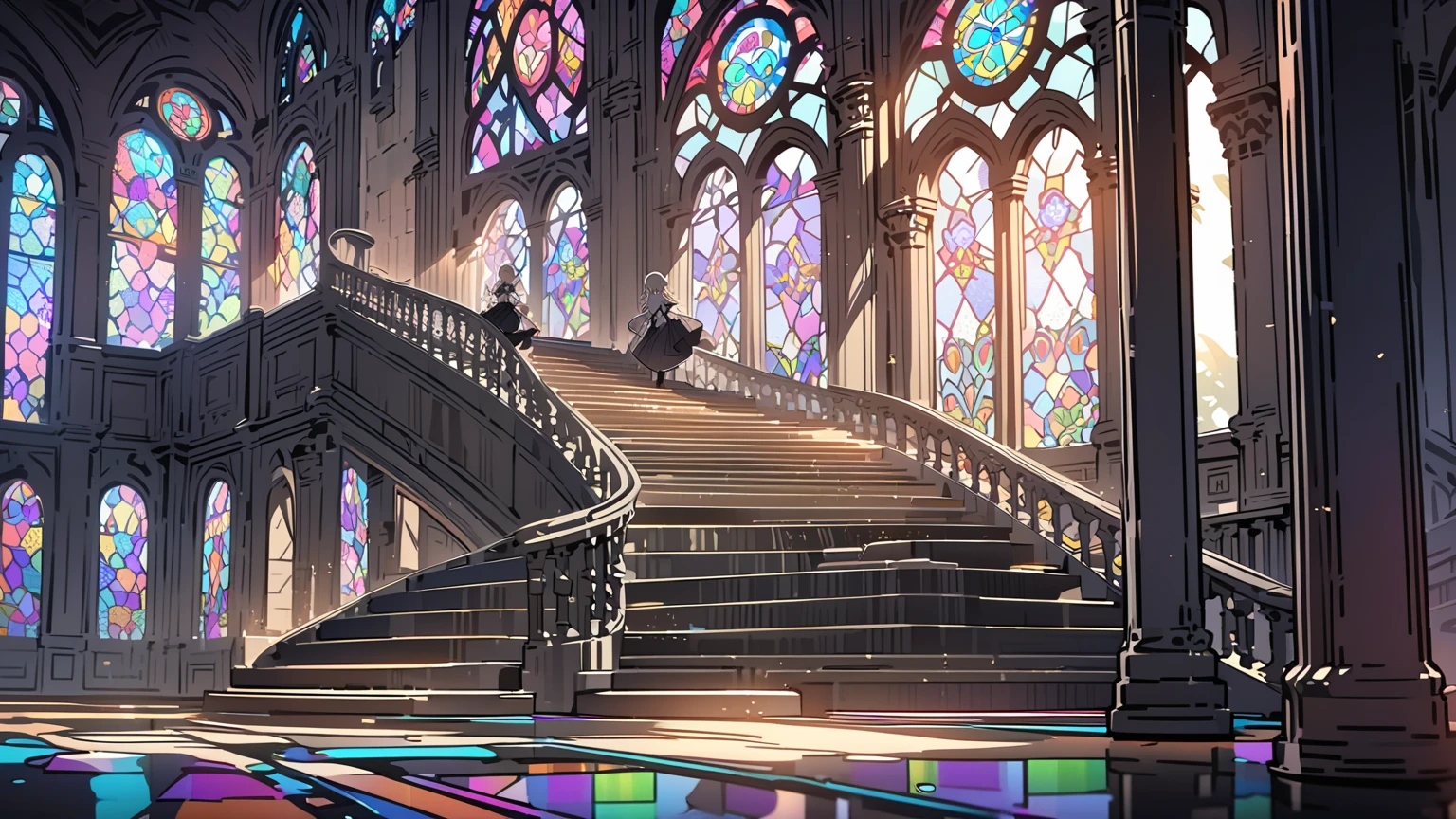 very high resolution, masterpiece, (hyper quality), highly detailed illustration, digital art, digital painting, vivid color, scenic, (no humans:2), realistic, royal entrance hall made with black crystal, inside of tremendous Black Crystal Palace, (symmetric black crystal split stairs), iridescent walls refracting ambient moon light, glowing,