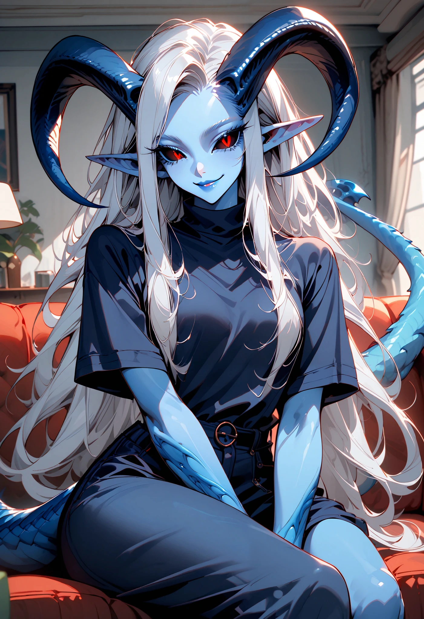 solo, female, close up, alien, navy blue skin, silver hair, silver hair, long hair, casual clothes, smile, curvaceous, slim, blue lips, very tall, broad shoulders, cowboy shot, living room, sitting, Blue skin, Black sclera, Pointy ears, huge Horns, Tail, Female alien, Monster girl