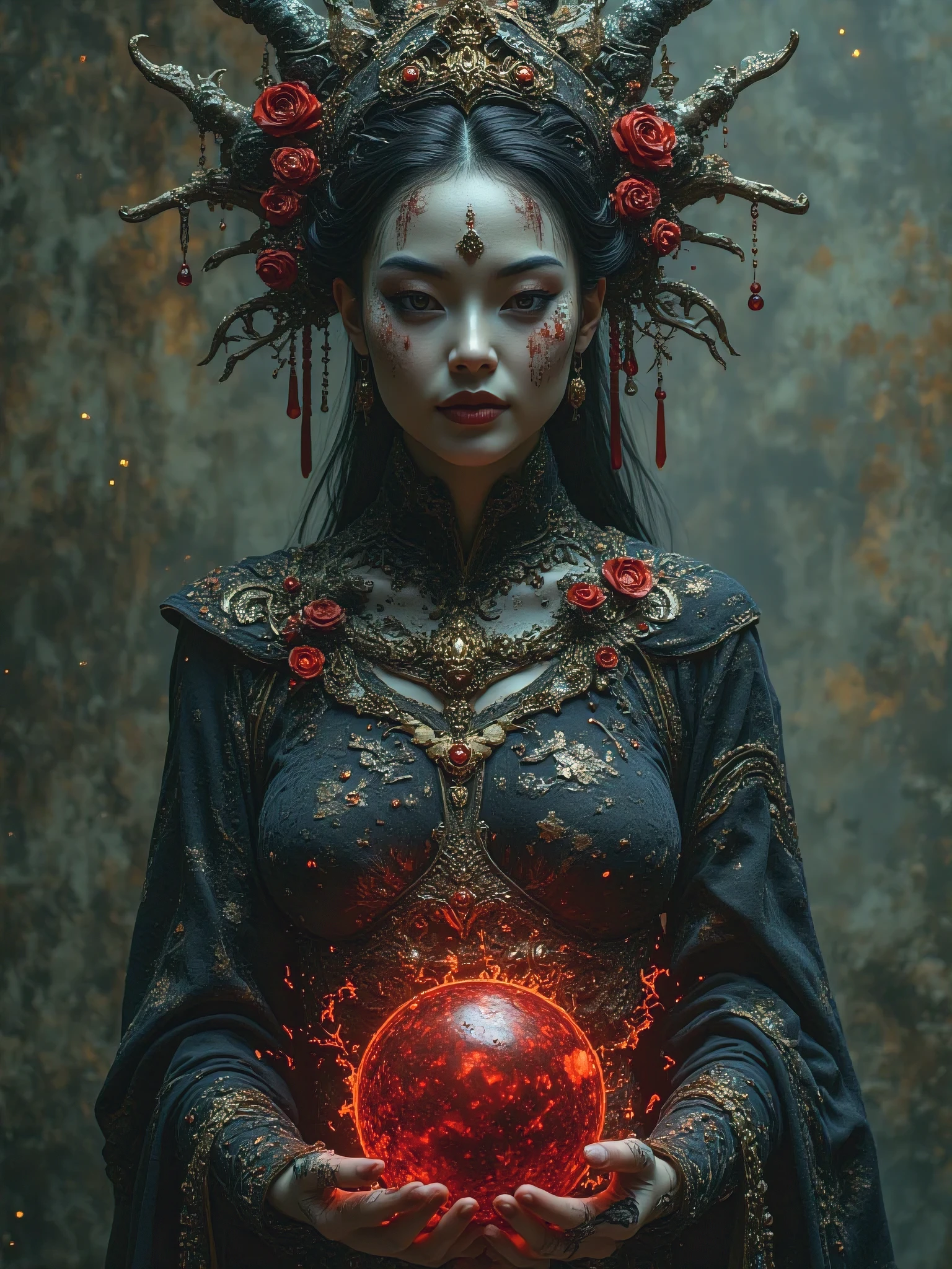 oriental woman, witch, chaotic, Gray skin and magic all over the body