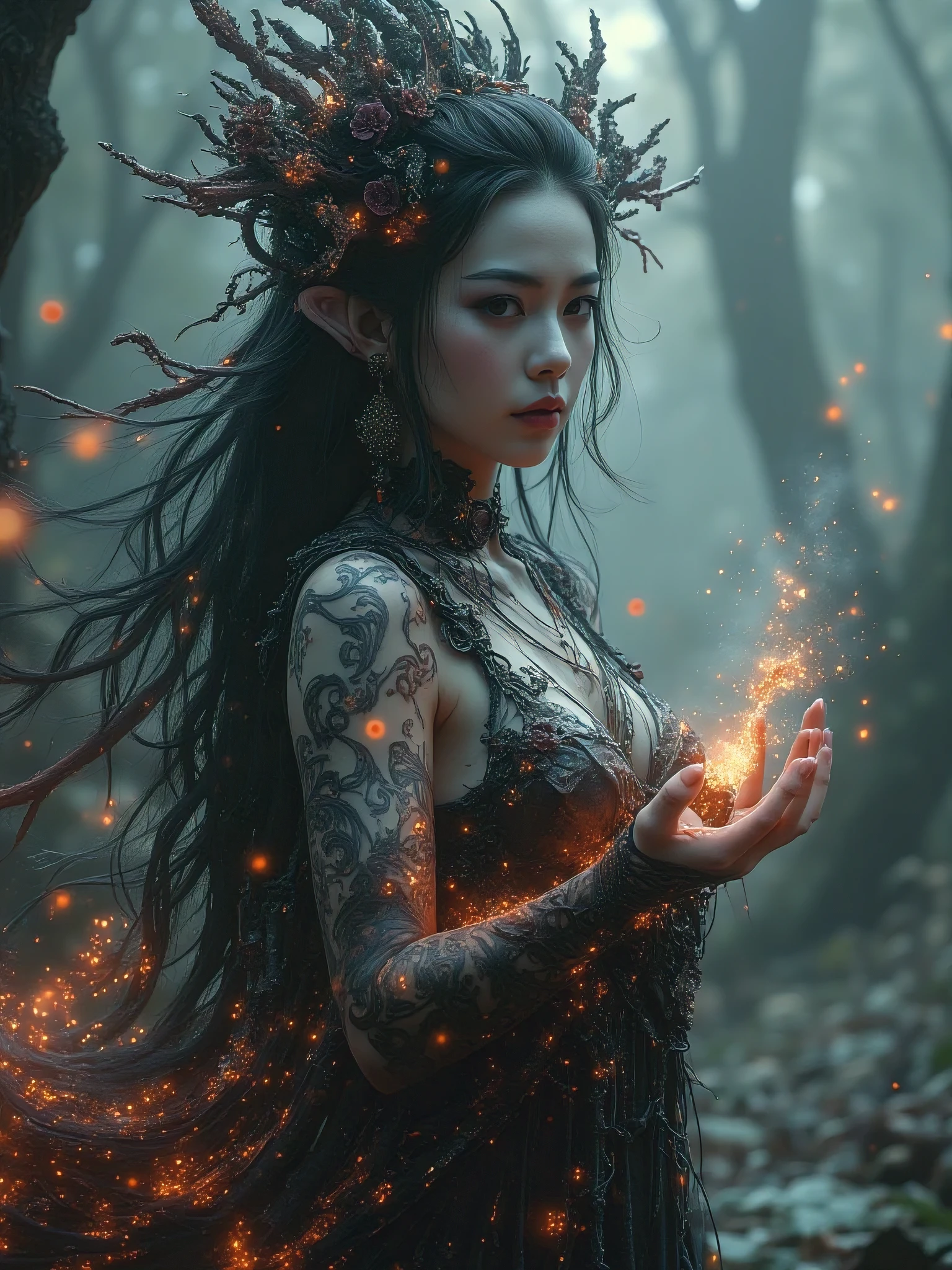 oriental woman, witch, chaotic, Gray skin and magic all over the body