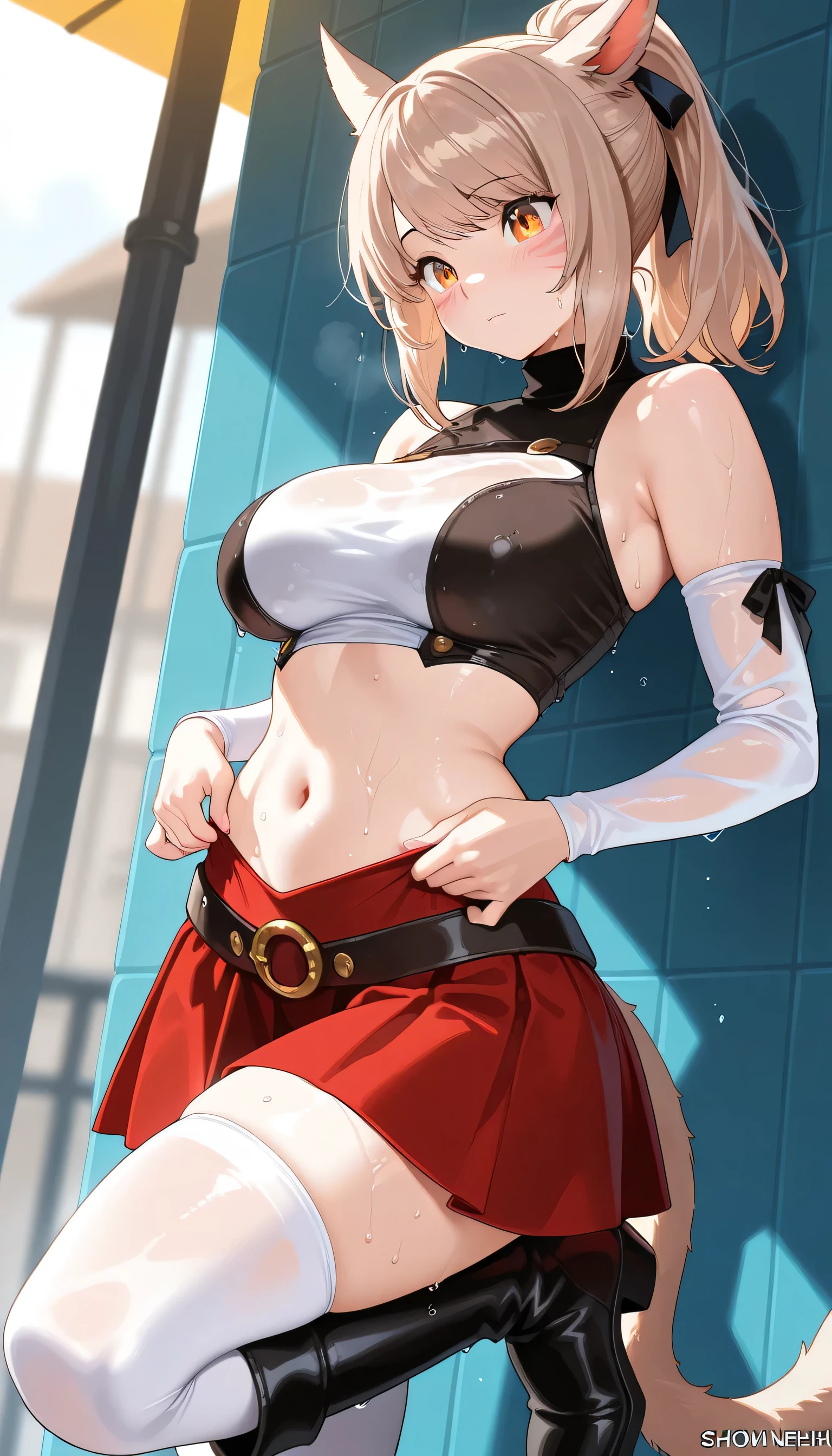High resolution,masterpiece, Highest quality, Very beautiful face and eyes,,,(Ultra-detailed fantasy views),Frill dress,Dynamic pose,Particles of light, Magical girl, Off the shoulder,Arm Sleeves,mini skirt,Open your mouth,teeth,Professional Lighting, skinny, Perfect fit for your skin,zettai ryouiki, jewelry,A skinny one,((Browsing Caution)),Daytime()Happy expression,Bright lighting,Red Hair,Medium breast,((Shiny tight shorts)).Angle from directly below,Covered nipples