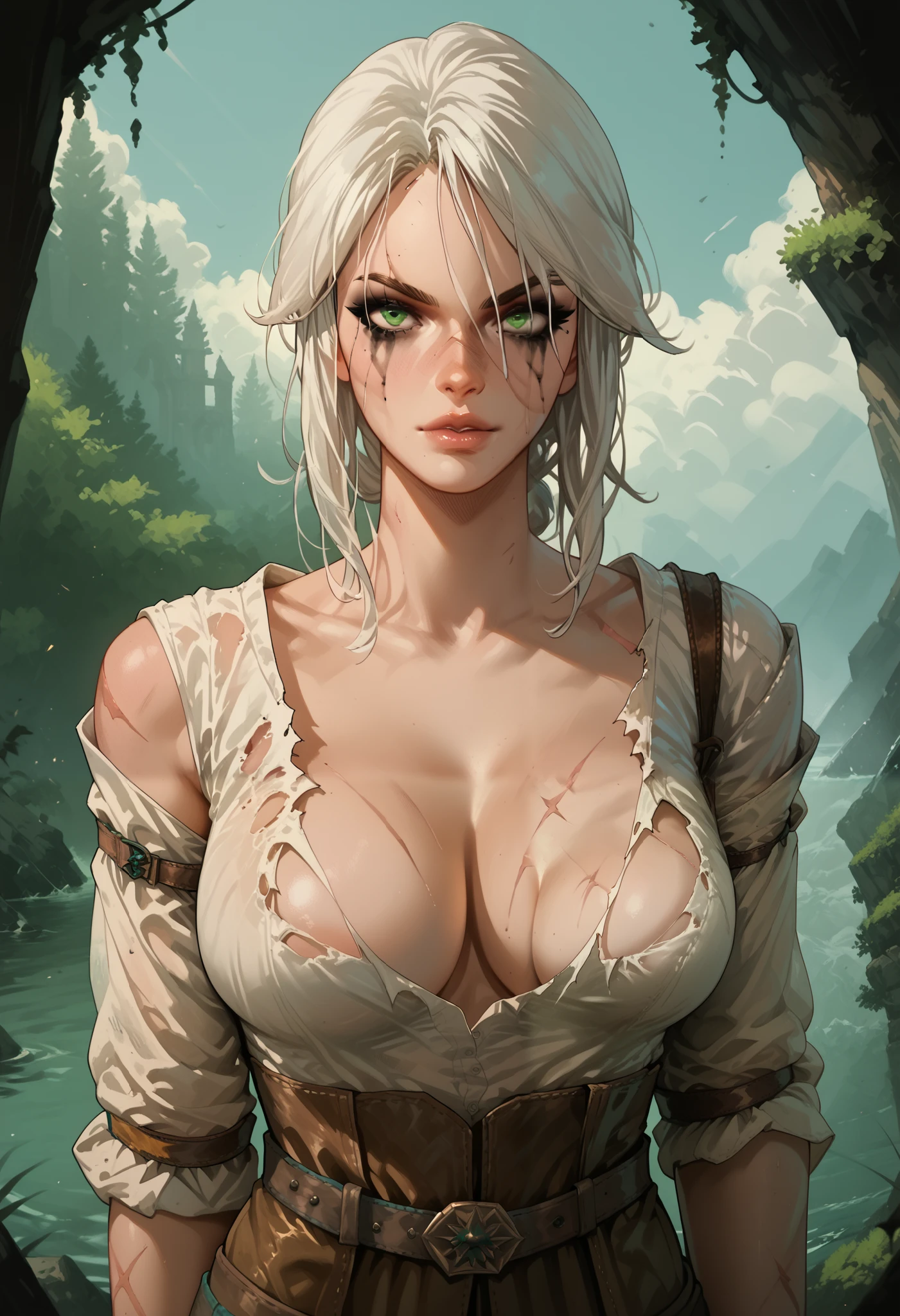 (best quality:1.3), (4k quality),(sharp image), Ciri, ((Detailed face)), ((masterpiece face)),((perfect detailed eyes)) (blush), Ciri, (((white hair,  white tied hair))), green eyes, pink lips, pink lips, sly face, face with stern features, ((detailed face)), perfect face, highly detailed eyes, masterpiece, absurdres , (intricate details), (colorful),cinematic lighting, extremely detailed CG unity 8k wallpaper , 1girl, solo, mature female, erected tits, fit body, cameltoe ,((( white shirt, brown leather leggings, belt, brown leather gloves))), (tricky glance, wicked smile), forest, ((((perfect small erected breast)))), (((kneeling and showing her nude tits)))((((nude tits))))