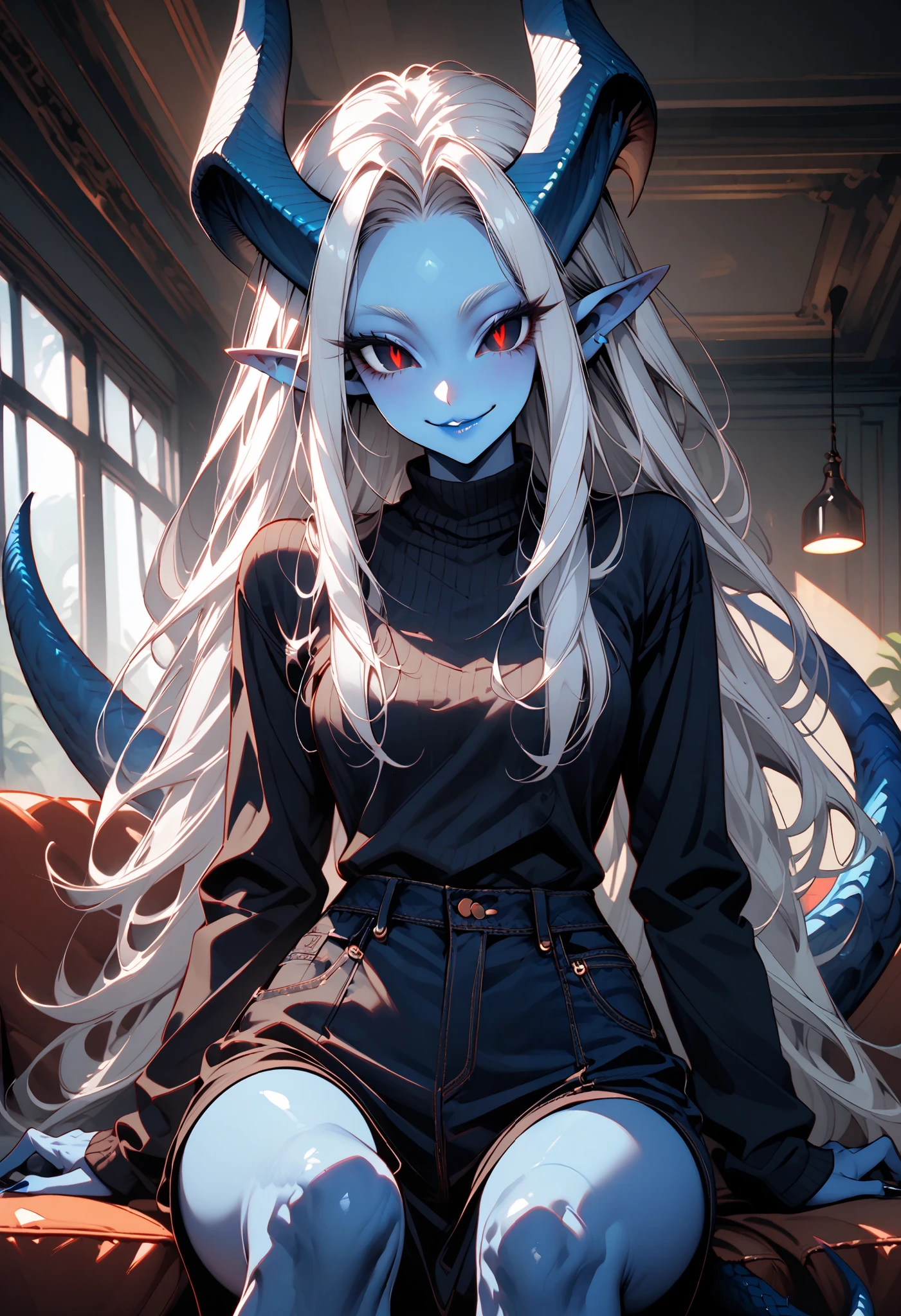 solo, female, close up, alien, navy blue skin, silver hair, silver hair, long hair, casual clothes, smile, curvaceous, slim, blue lips, very tall, broad shoulders, cowboy shot, living room, sitting, Blue skin, Black sclera, Pointy ears, huge Horns, Tail, Female alien, Monster girl, wide smile, bright-eyed, wide-open eyes, eager pose
