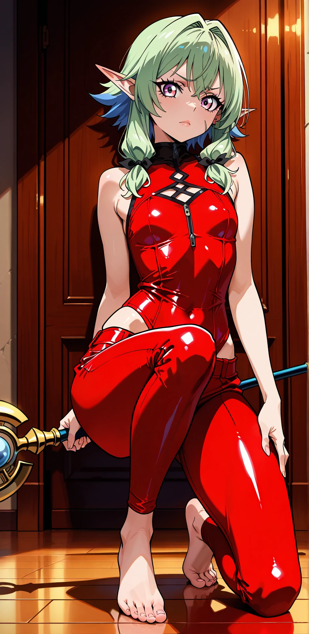 Close-up, Anime Girls, Anne Takamaki from Persona 5, Blonde, Wearing a red latex suit, Sexy pose