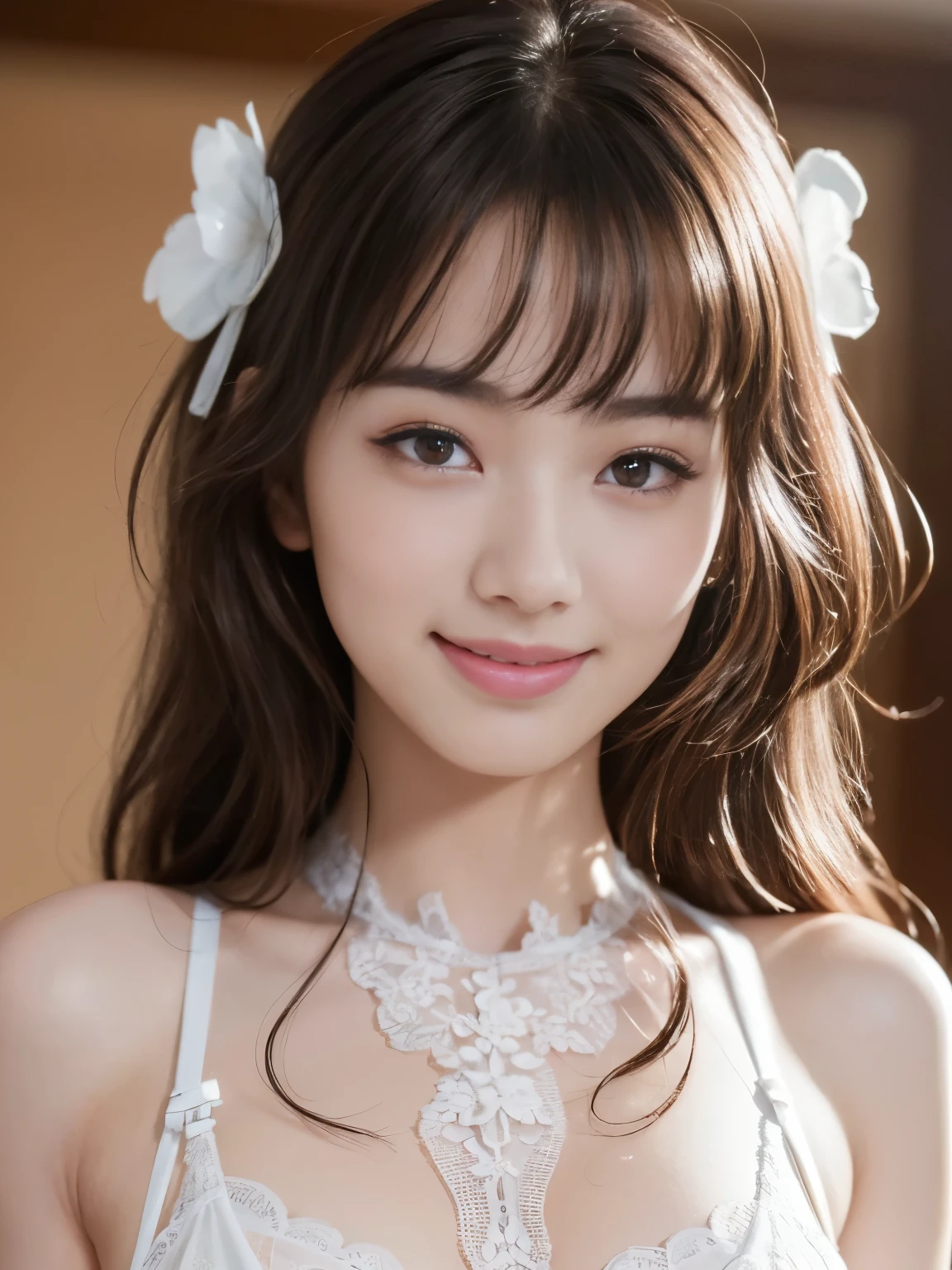 (8K, Raw photography, top-quality, masterpiece:1.2), The ultra-detailliert, Hyper-Resolution, (realisitic, photos realistic), portlate、High detail RAW color photos, professional photograpy, highly detailed and beautiful, ighly detailed, 8K Picture Wallpaper, Amazingly detailed, huge filesize, Official art, Highly detailed CG Unity 8k wallpaper, Very detailed beautiful woman, extra detailed face, extremely detailed eye, highlydetailed skin, highly detailed nose,  highly detail mouth, perfect anatomia, Detailed background, Detailed clothing, 1girl in, (age19:1.2), Pretty women, Realistic body, , fair white skin, glistning skin, Handsome body, brown hair, Medium hair, oblique bangs, (light smile,:1.6), spotless, Beautiful face, Lifelike face, Delicat eyes, drooing eyes, (white lingerie), see -through, looking at the viewers, facing the front there, Standing posture, Dynamic Lighting, 
