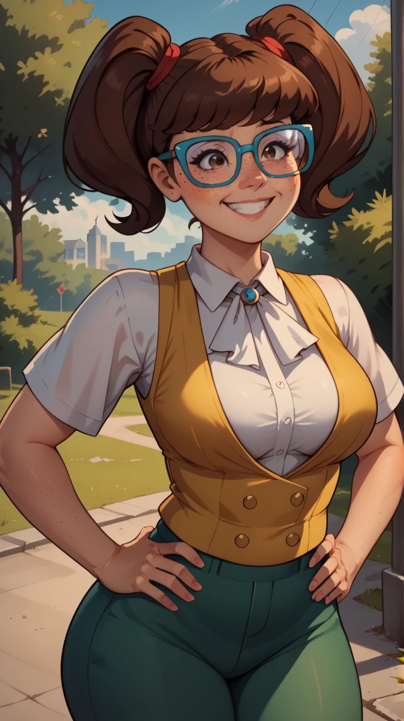 score_9, score_8_up, score_7_up, BREAK, madelyn, brown hair, twintails, glasses, blue framed glasses,white shirt, collared shirt, yellow vest, short sleeves, green pants, perfectly round breasts, wide hips, beautiful, sexy, cute, medium breasts, , looking, outdoors, smiling, shy, freckles, brown eyes, hands on hips, chubby,