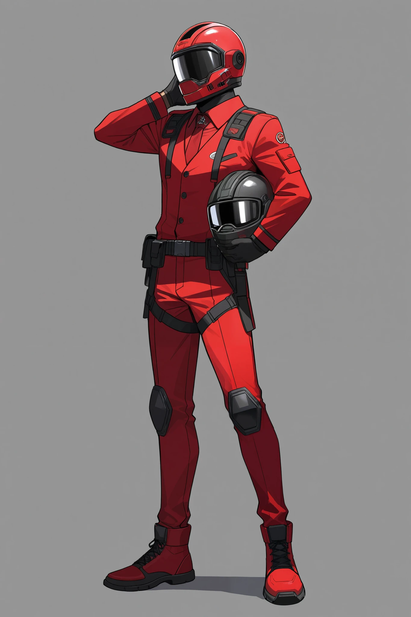 Boy with a black and red suit with a futuristic helmet. No background