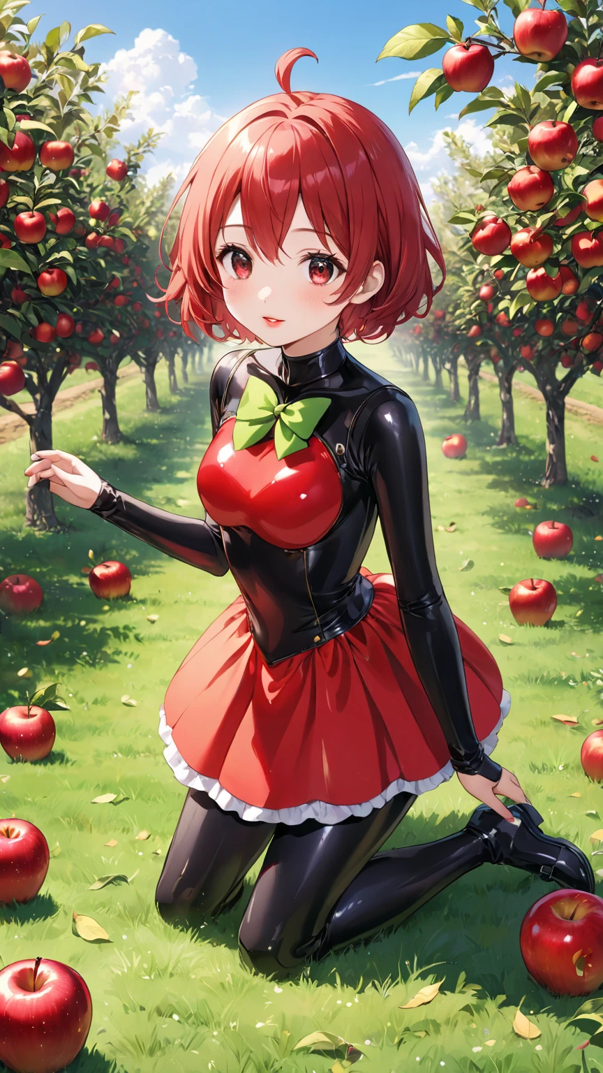 ((Strawberry-inspired costume)), ((skirt)), ((pantyhose)), ((Shiny Costumes)), skindentation, skinny, solo, 1 woman, Masterpiece, highest quality, highest quality, 16K, incredibly absurd, highly detailed, 2.5D, ai-generated, delicate and dynamic, very delicate facial expressions, delicate eye depiction, erotic, only sexy woman, ((A cute and kind face)), healthy figure, ((25-year-old woman)), 160cm tall, medium firm swaying bust, , blush, Sweat,Embarrassed,sexy, ((thin thighs)), (camel toe:0.7), (visible nipples:0.3), (Erect nipples,:0.7), shiny and lustrous, facing straight at viewer, (((in heat))), ((Oily_skin)), ((Lots of sweat)), (((Brown Skin))), ((dutch angle)), ((erotic pose)), (In the strawberry field),