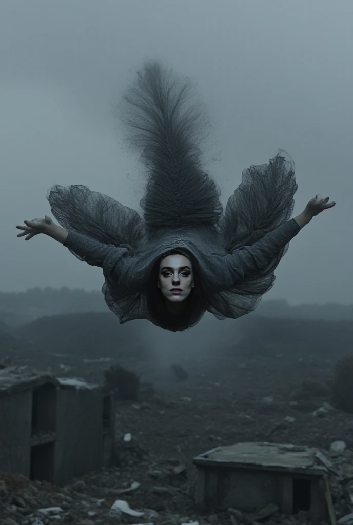 A mysterious woman of melancholic beauty flies over a dark and devastated setting , shrouded in a thick mist of silver ash that dances around you . Her pale and ethereal face exudes a ghostly air , with opaque eyes that reflect a silent void , as if all light had been erased from her soul .
Her long hair , made entirely of living ashes , floats and crumbles softly at the ends , dissolving in the wind with each movement . Her costumes are dark, flowing rags , burned at the ends , disintegrating into dust as it glides through the air , her gothic and dark look blending perfectly with the landscape of forgotten ruins .
She is flat with her arms delicately open , your body surrounded by an ash storm that responds to your will . Black dust particles dance around your pale fingers , forming ephemeral patterns in the air , as if destiny itself were unraveling under your touch . The heavy and overwhelming silence of the surrounding destruction contrasts with the mesmerizing lightness of Your presence, a figure of ruin and rebirth , eternal and fleeting like the last embers of an extinct flame .