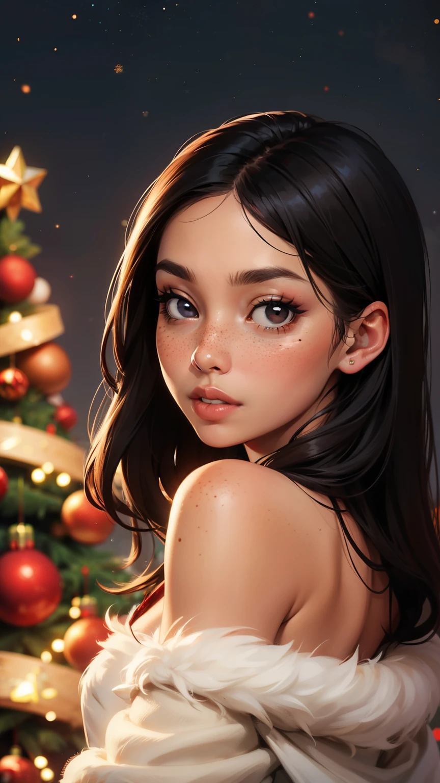 a beautiful young woman ((Lorde Ella Marija Lani Yelich-O'Connor, age 25), nude except for an airy sheer Christmas night gown (shoulders exposed, open down the middle) , her intimate areas partially exposed (pubic hair shaved)and very detailed), lying on a bed playing with a baby bunny and teasing the viewer, glamour shoot, Christmas scene (best quality, 4k, 8k, highres, masterpiece:1.2), ultra-detailed, (realistic, photorealistic, photo-realistic:1.37), HDR, UHD, studio lighting, ultra-fine painting, sharp focus, physically-based rendering, extreme detail description, professional, vivid colors, bokeh, portrait, figurative, intimate, sensual, cozy, Christmas, warm lighting, chiaroscuro (show her entire body, show all of her)