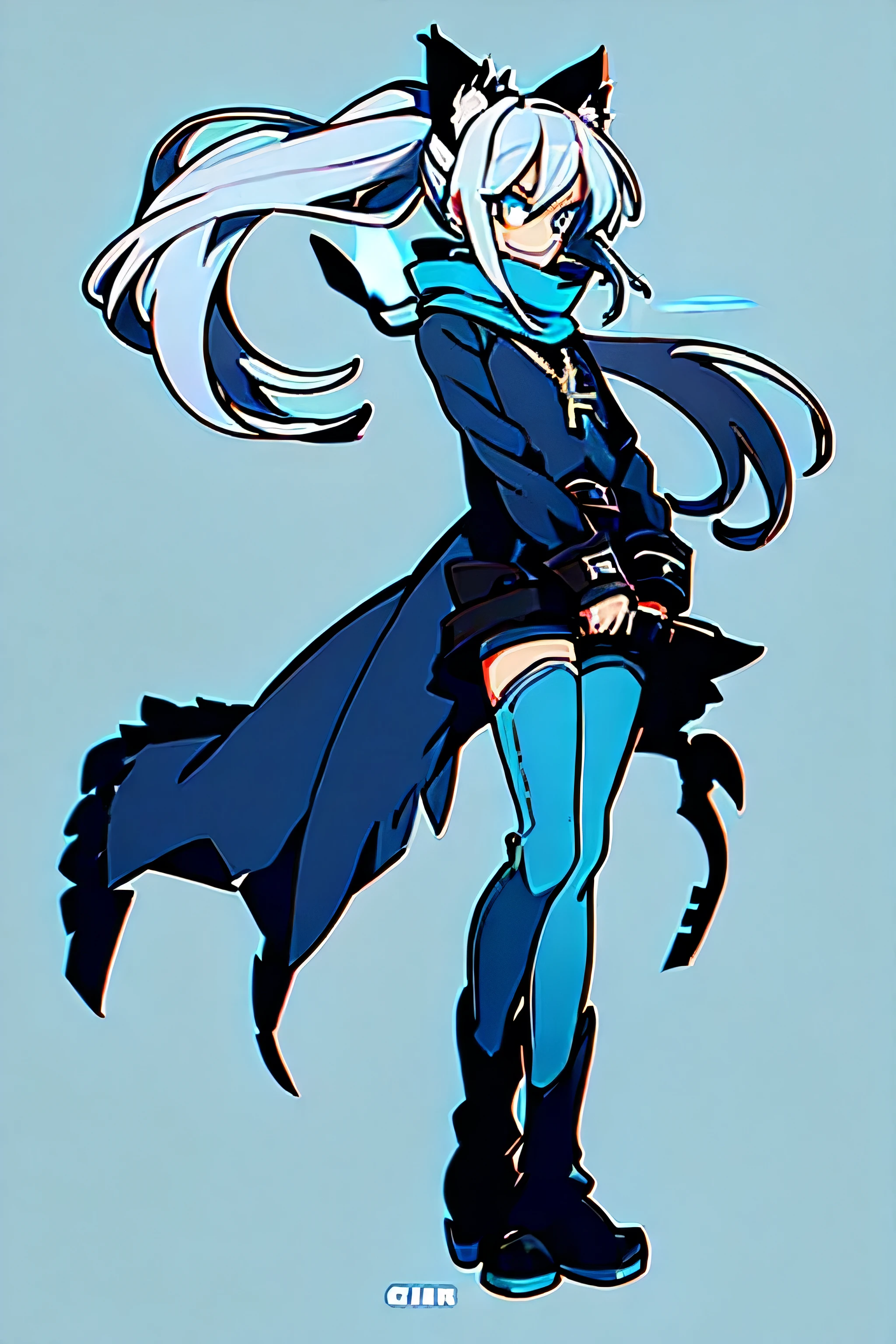 1 girl, silver hair, long hair, pony tail, giant key in pony tail, cyan eyes, fangs, cat ears, cat tail, arms crossed, grin, blue scarf, grey shurt, jeans, long boots, black boots, glowing eyes, holstered shotgun