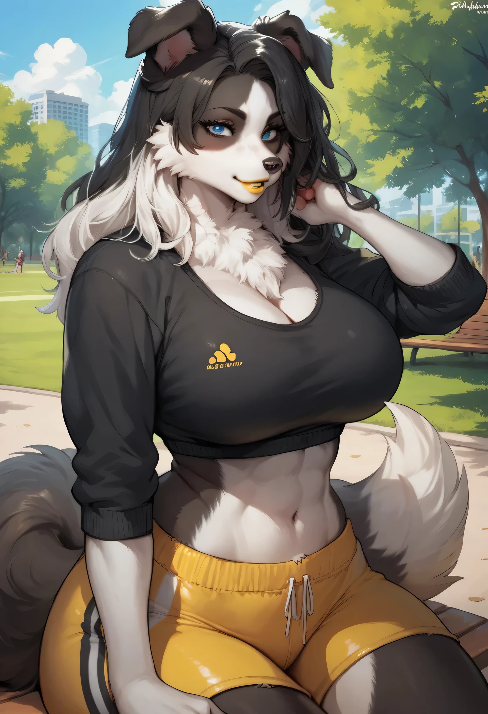 woman, big breasts, yellow lipstick, anime style, black hair, white hair, multicolored hair, dog ears, exposed belly button, black gym clothes, strong, blue eyes, park, Furry, Border Collie
