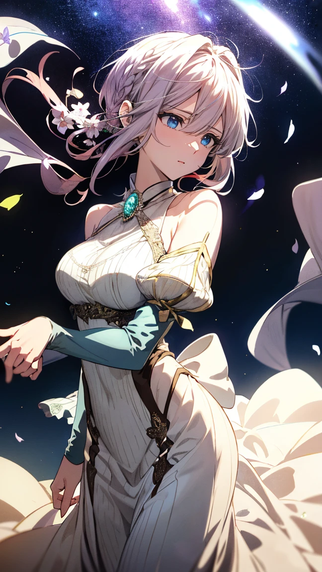 (((masterpiece))),(((best quality))),((Super detailed)),(illustration),((extremely delicate and beautiful)),dynamic angle,floating,(Beautiful and delicate eyes),(detail light) (1 girl), alone, floating_hair,glowing eyes,hair,golden eyes, Long curly hair, halter neck dress, from horse, blue background, 