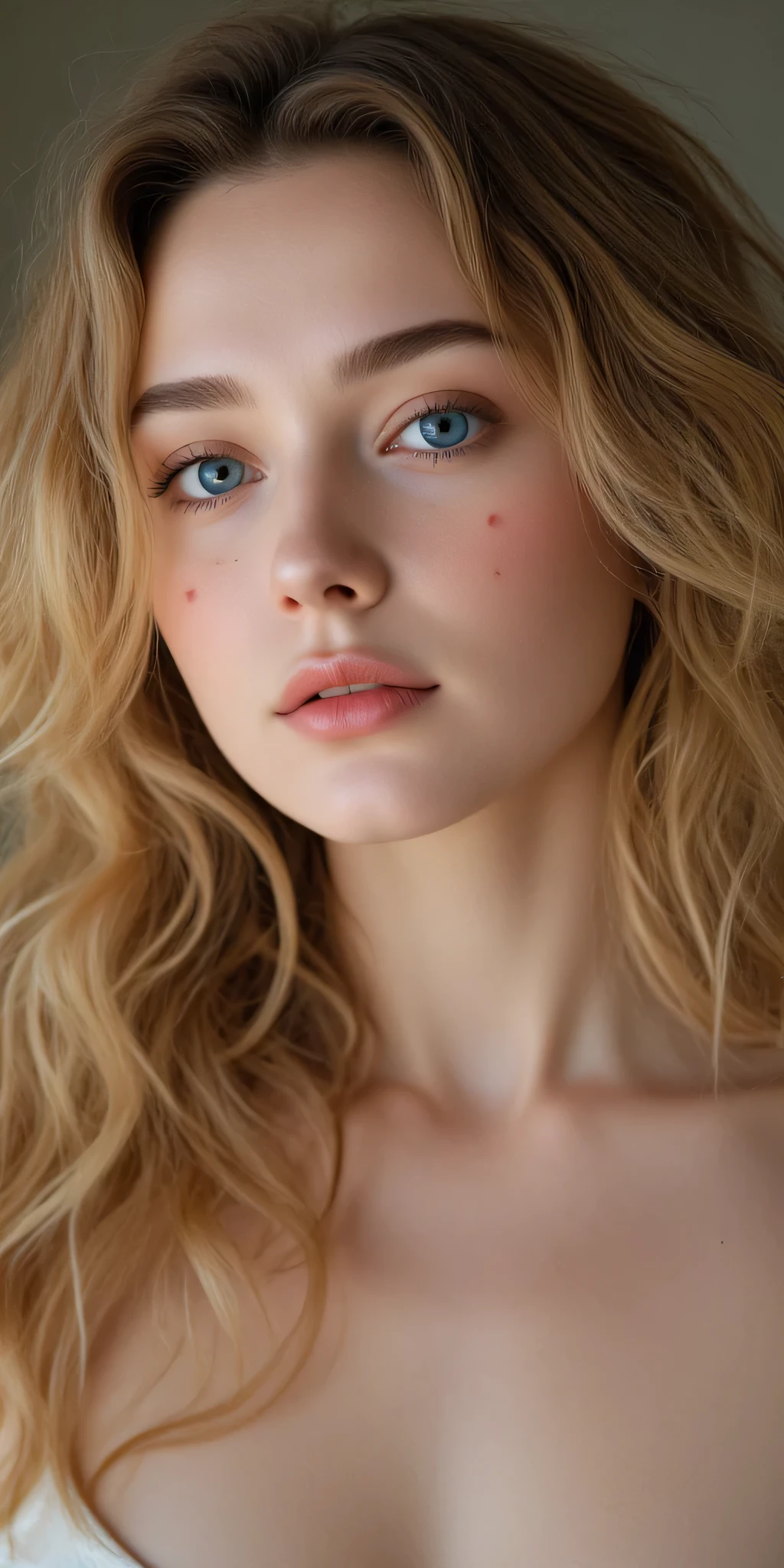 The woman is a unique beauty, with curly golden hair that falls over her shoulders. Her eyes are deep blue, with a soft, warm glow. Her skin is a mix of warm and cool tones, with a hint of pink. She has a slender and graceful figure, with a long neck and broad shoulders. A small star-shaped birthmark on her left cheek makes her even more unique and beautiful. Cinematic light, 8k, uhdk.