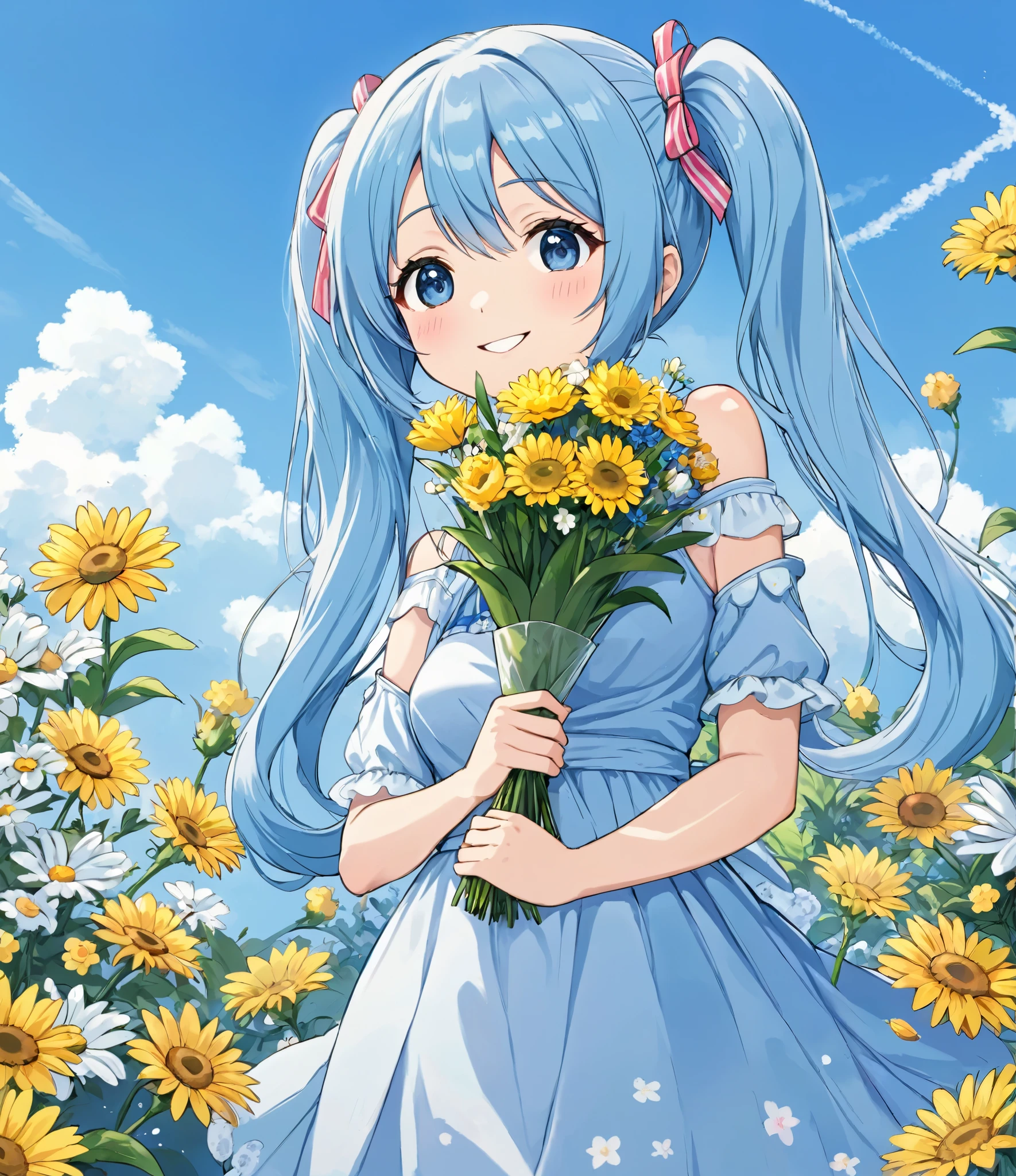 Light blue long hair、Beautiful girl with twin tails、Adorable smile、looking at the camera、Wearing a sheer dress、Covered with a transparent white cloth、Have a bouquet of sunflowers、Laughing happily、Surrounded by flowers
