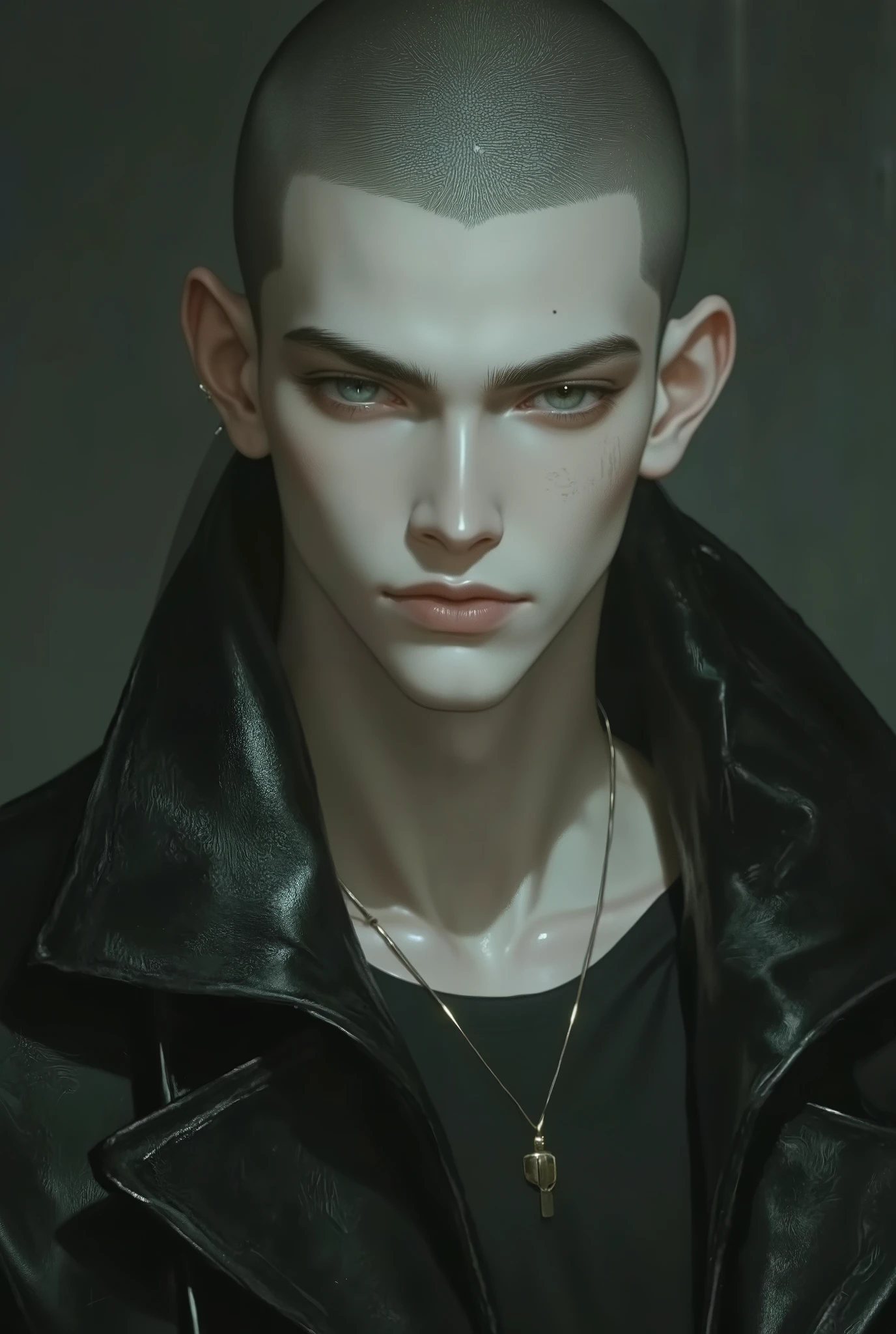 (photorealism:1.2), handsome Malay male, buzz cut Create realistic images, high-resolution photos/((masterpiece)),((best quality)),8k, high-detailed, ultra-detailed, stylish pose, and real skin texture. Image quality: crystal clear details, every strand of hair visible, vibrant colors, sharp focus. abs. He looks like a male model. Color tone: cool and muted tones emphasize the gloomy atmosphere. Lighting: Soft, natural lighting casts shadows on his face, highlighting the contours and adding depth to the image. His eyes are striking green, just like in the first reference, adding a mesmerizing and intense look. . Add about 40% influence from a younger, softer look, including subtle, boyish charm and slightly wavy or curly hair to give him a more approachable, warm quality. His overall look should exude confidence and charisma, balancing a mature edge with gentle features that make him appear both intense and friendly. Medium: Portraits