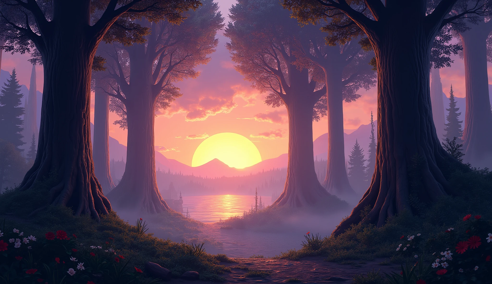 A serene forest at dusk , with the sky painted in shades of purple and orange as the sun goes down. high, ancient trees stand with their roots deep in the earth , as a light mist begins to settle . The scene is bathed in a mystical , golden light, suggesting a divine presence . In the background, a wide river shines , and the silhouettes of distant mountains can be seen in the dim light ."