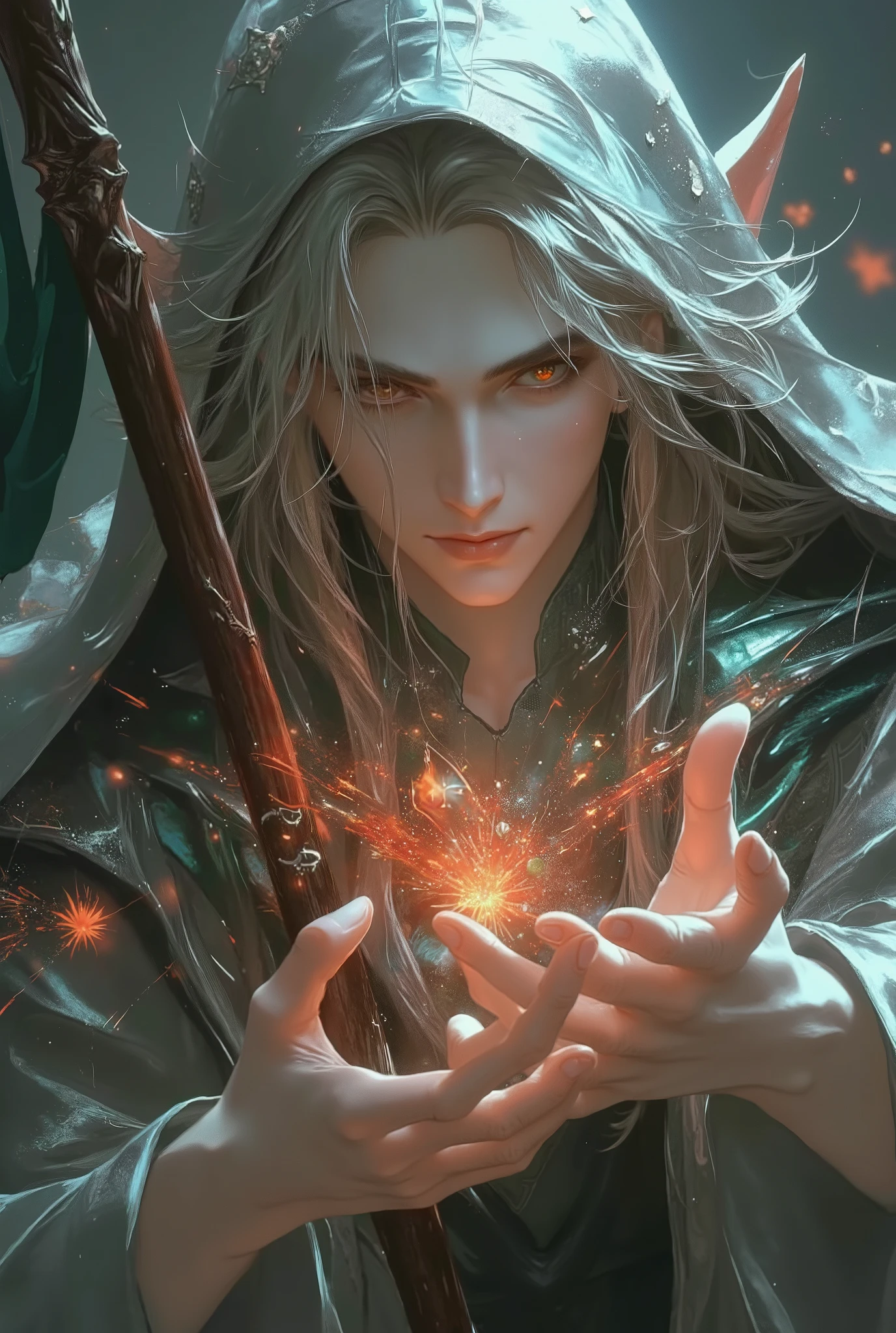 *((photorealism:1.2),20 years old handsome man hot sexy young cute handsome male wizard, DETAILED, . full body imej. skinny hunk. A young beautiful handsome man wizard with pale skin,. full body shot, long shot, the feet. ticks a mustache. men model face, with wise aura His eyes are a deep, molten amber with flecks of fiery red and gold, mirroring the vibrant and dramatic tones of the Rafflesia arnoldii's petals. Almond-shaped and framed by thick, jet-black lashes, his gaze is intense and magnetic, evoking an aura of mystery and strength that is as rare as the flower itself. His hair is styled in a softly layered medium-length hairstyles Undercut , windswept look, with natural waves that flow effortlessly, giving an air of freedom and connection to nature. The hairstyle is both refined and carefree, reflecting the enduring spirit of the flowers. wearing cloudy grey color wizard robe. teal color turttleneck inside robe. pointy hat color cold grey holding a gleaming wood staff. The staff is adorned with rain drop arcane symbols and emanates an aura of power. The Magician is in the midst of a magical ritual, conjuring an area of effect magic. His hands are raised, and from the tips of his fingers burst beams of vibrant magical energy in intense colors. The scene is filled with vibrant colors, with the magic of the Magician creating a captivating visual spectacle. The magical rays intertwine in a complex pattern, forming a swirl of colors that spreads through the surrounding environment. Every detail of the magic is meticulously rendered, with textures and light effects that accentuate the pulsating energy. The Wizard's face reveals concentration and determination, his eyes shining with the intensity of the magic power summoned. Her attire is rich in detail, with flowing fabrics and adornments that reflect her expertise in arcane art. With the use of (((atmospheric perspective))), the image is captured at an angle that reveals magic spreading through the air and e