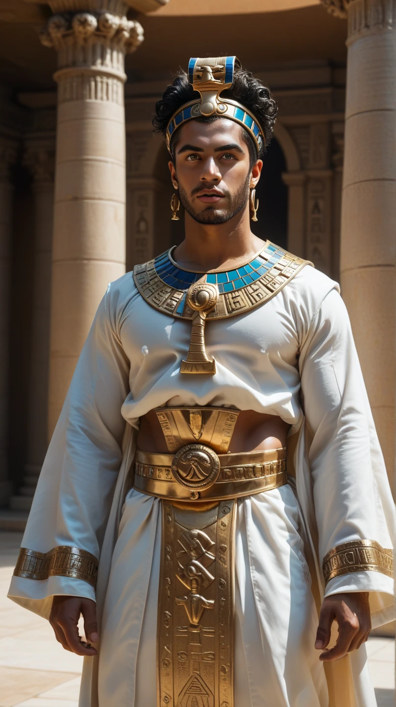 "An Egyptian man in his thirties, with strong and attractive features that reflect an ancient history, smooth brown skin, wide eyes that seem to hold the secrets of an ancient civilization, a straight nose, and thick black hair flowing naturally. He is dressed in luxurious pharaonic attire: a golden crown adorned with lapis lazuli and turquoise, a white chest piece embroidered with golden hieroglyphic symbols, and a long robe of fine linen with a golden belt. He stands confidently on a massive stage, surrounded by towering columns carved in the shape of Egyptian deities, with dramatic lighting highlighting his regal presence. The background features a majestic scene of a pharaonic temple, with statues of sphinxes and towering columns reaching up to a ceiling painted with golden stars. The overall atmosphere evokes awe and reverence, as if a king has been brought back to life."