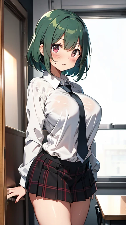 (highly detailed:1.3), tkirumi, looking at viewer, , large breasts, long sleeves, white shirt, green hair, black gloves, hair over one eye, black dress, maid headdress, pinafore dress, hand on own head, spider web print, Ultra-detail,(highres:1.1),best quality,(masterpiece:1.3), cinematic lighting, big breasts, hands on breasts, hand on own breasts, holding breasts, bouncing breasts, room, indoors, cleavage, nipples, breasts out, blush, shy, undressing, navel, stomach,
