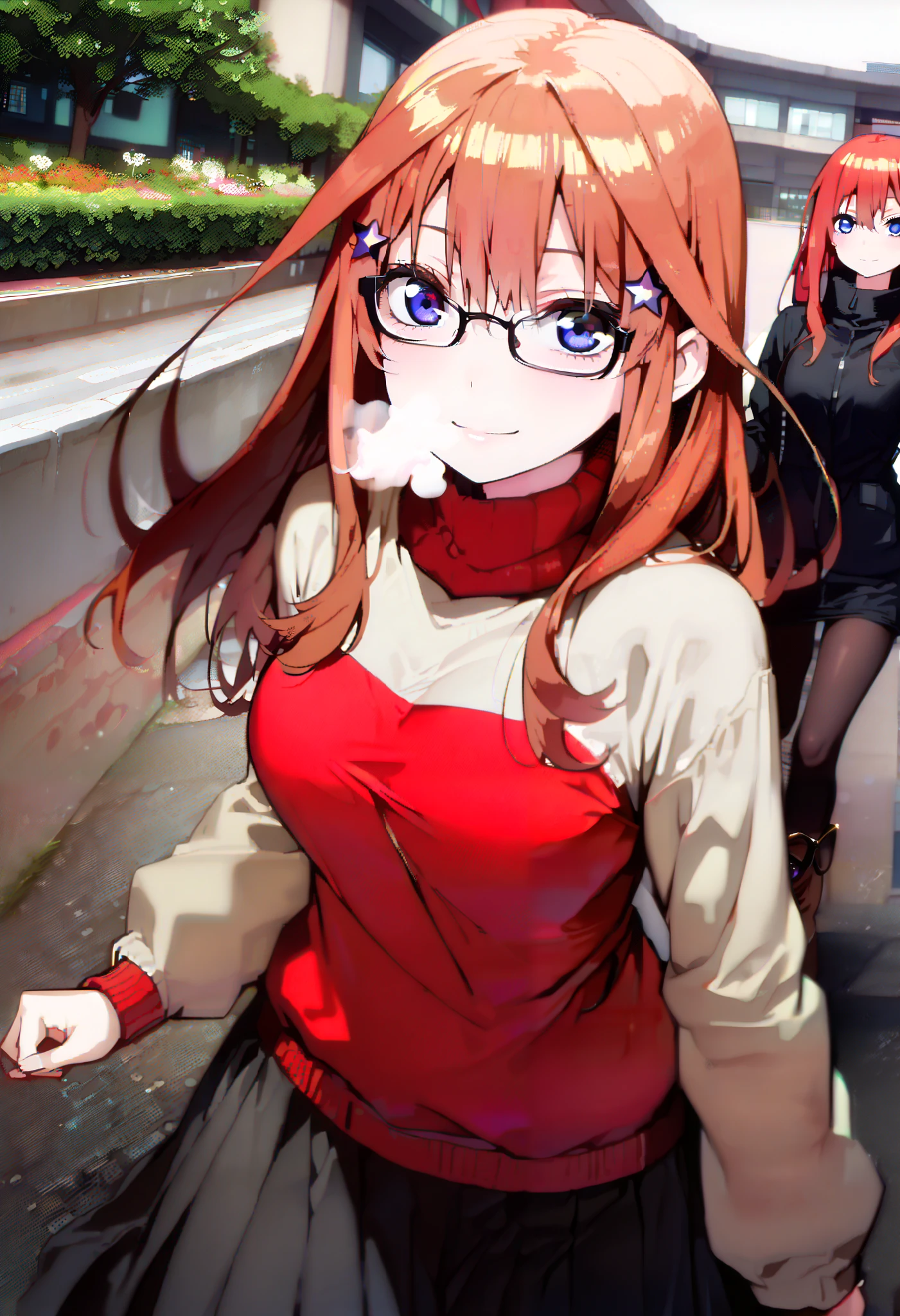 Nakano Mizuki , stupid hair, long hair, blue eyes,star ( symbol ), half rimless glasses, underrim eyewear , star 髪飾り, Red Hair,Big Breasts,smile,red, mouths, White Breath, down coat,( sweater :1.2),( turtleneck:1.2),redマフラー,Black long skirt, black tights, short boots, walking behind,winter,whole bodyがイラストに入るように, break looking at viewer,whole body,
break outdoors, University,School building,building,
break (masterpiece:1.2), best quality , kampala,unity 8k wallpaper,(shape:0.8),( fine, beautiful eyes :1.6),It's a person ,whole body写真,CG Details , (perfect hand, complete anatomy),