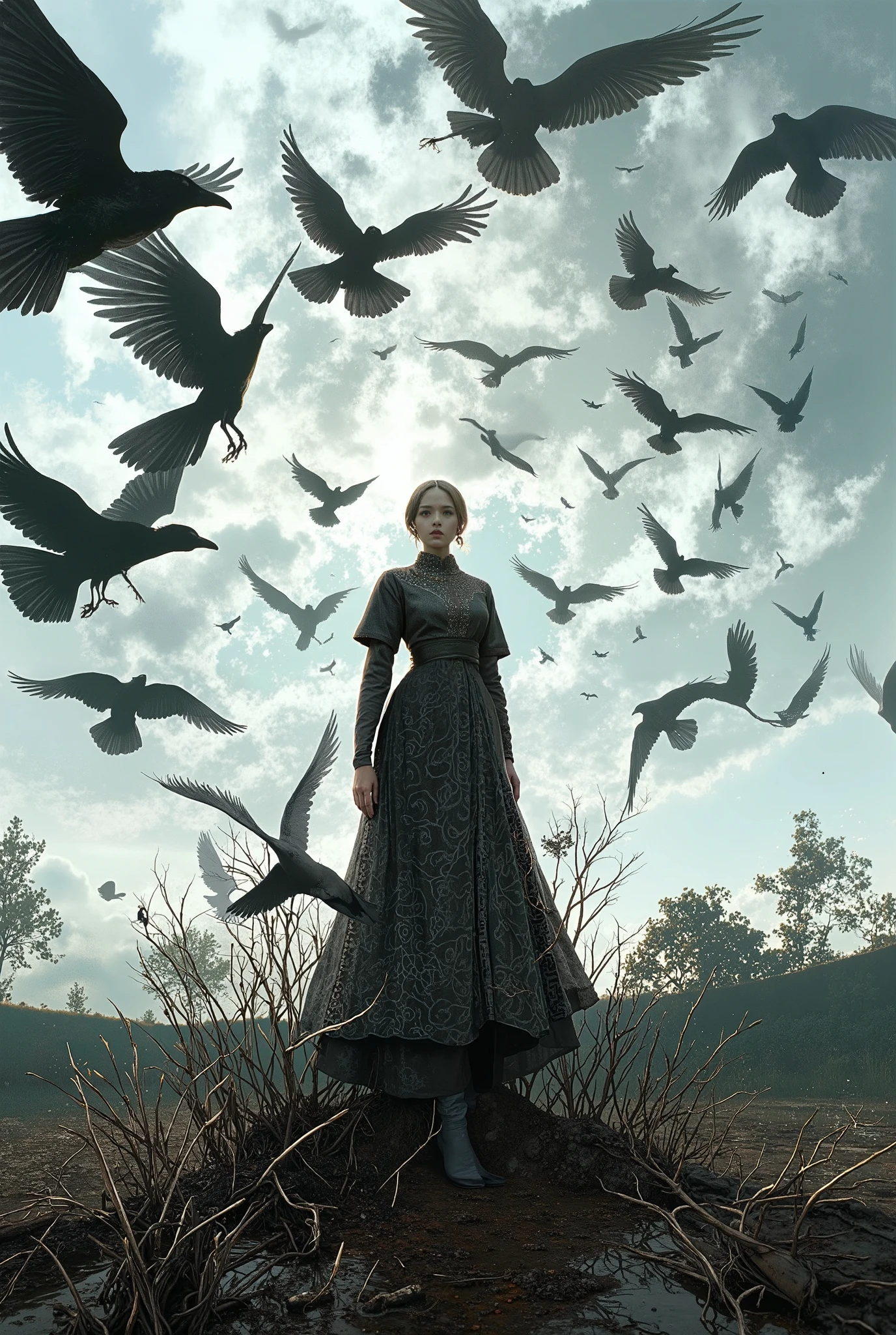 a women standing, an unusual number of flying crows covering everywhere dynamically and 3dimentionally. wearing baju kebaya with batik sarung. The sky is filled with so many crows. ,simplism,minimalism.fisheye lens,horror mood