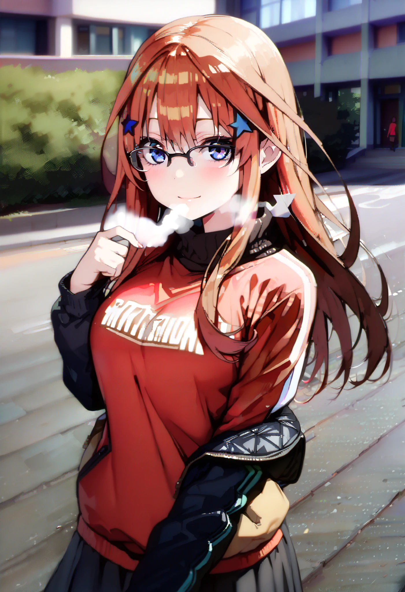 Nakano Mizuki , stupid hair, long hair, blue eyes,star ( symbol ), half rimless glasses, underrim eyewear , star 髪飾り, Red Hair,Big Breasts,smile,red, mouths, White Breath, down jacket,( sweater :1.2),( turtleneck:1.2),redマフラー,Black long skirt, black tights, short boots, walking behind,winter,whole bodyがイラストに入るように, break looking at viewer,whole body,
break outdoors, University,School building,building,
break (masterpiece:1.2), best quality , kampala,unity 8k wallpaper,(shape:0.8),( fine, beautiful eyes :1.6),It's a person ,whole body写真,CG Details , (perfect hand, complete anatomy),