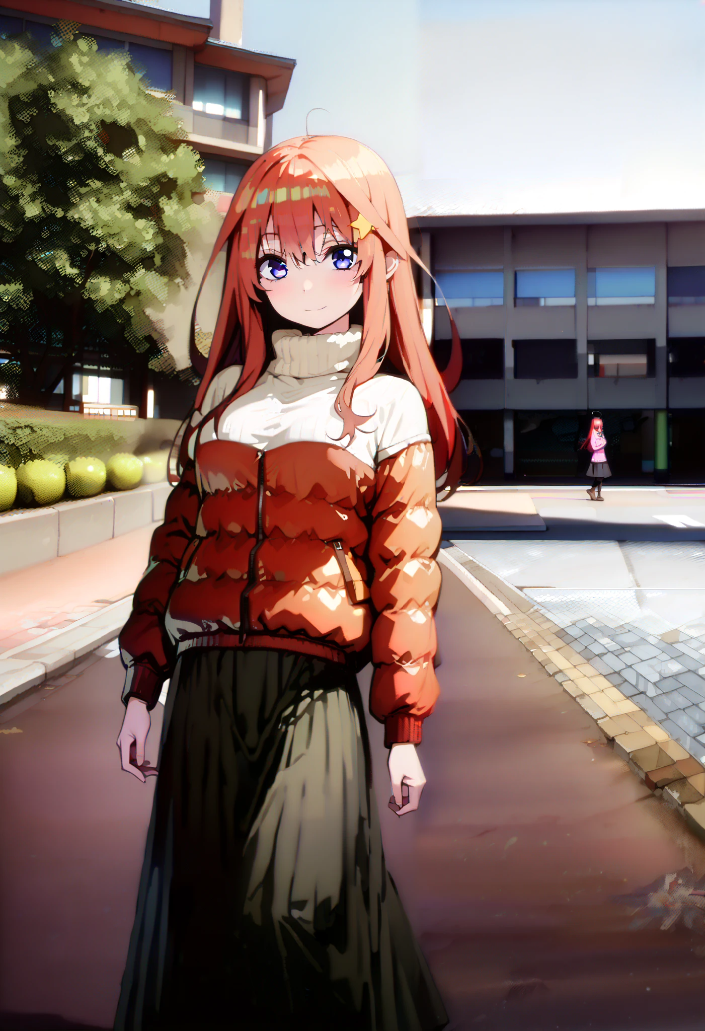 Nakano Mizuki , stupid hair, long hair, blue eyes,star ( symbol ), half rimless glasses, underrim eyewear , star 髪飾り, Red Hair,Big Breasts,smile,red, mouths, White Breath, down jacket,( sweater :1.2),( turtleneck:1.2),redマフラー,Black long skirt, black tights, short boots, walking behind,winter,whole bodyがイラストに入るように, break looking at viewer,whole body,
break outdoors, University,School building,building,
break (masterpiece:1.2), best quality , kampala,unity 8k wallpaper,(shape:0.8),( fine, beautiful eyes :1.6),It's a person ,whole body写真,CG Details , (perfect hand, complete anatomy),