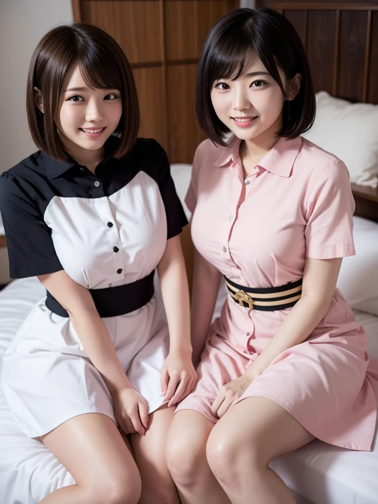 (Two women)、(Looking at me with a smile)、(Big Breasts)、(Angle from the feet)、(Nobody background)、(whole body)、Showing her side、forward leaning posture、Short Hair、(A tight pink sleeveless nurse uniform with buttons and a collar)、(Cowboy Shot)、(View from the bed)、(Spread your legs to show your vagina:1.5)