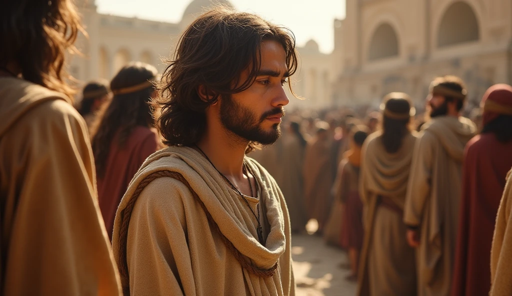 "Crie uma thumbnail de um jovem homem em cima de uma árvore, inspired by Luke 18. The young man must be looking at Jesus from afar, with an expression of curiosity and expectation. Jesus must be visible from a distance, surrounded by a crowd. The scene must be set in ancient Egypt, with historical details like Egyptian architecture, Traditional costumes, and desert elements. The tree must be robust and provide a clear viewpoint for the youngster."