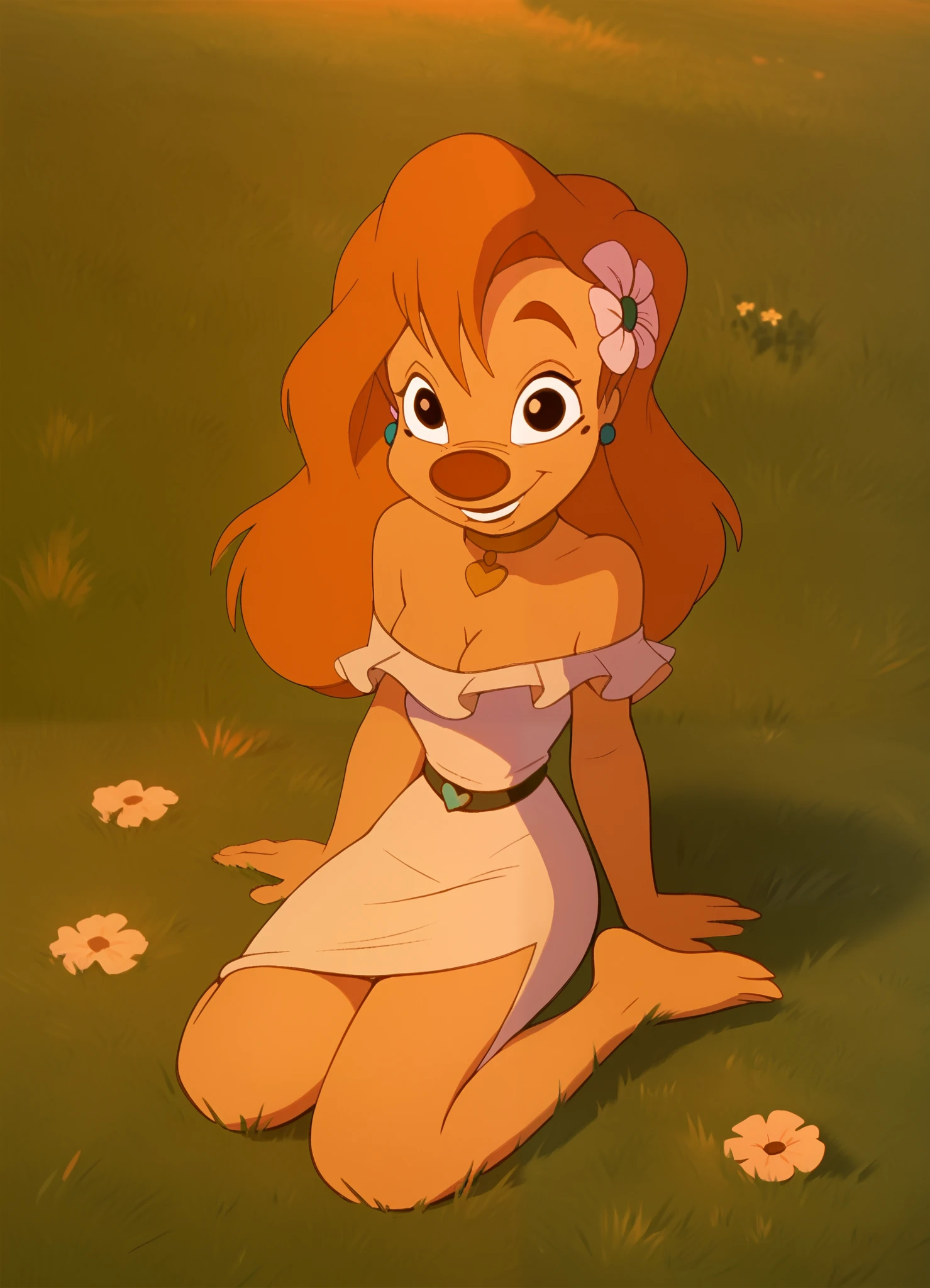 Roxanne, 1girl, solo, earrings, hair flower, grass, long hair, brown hair, smile, choker, white dress, cleavage, bare shoulders,barefoot, sitting, outdoors, retro artstyle,score_9, score_8_up, score_7_up, score_6_up, score_5_up, score_4_up, looking at viewer, smile,