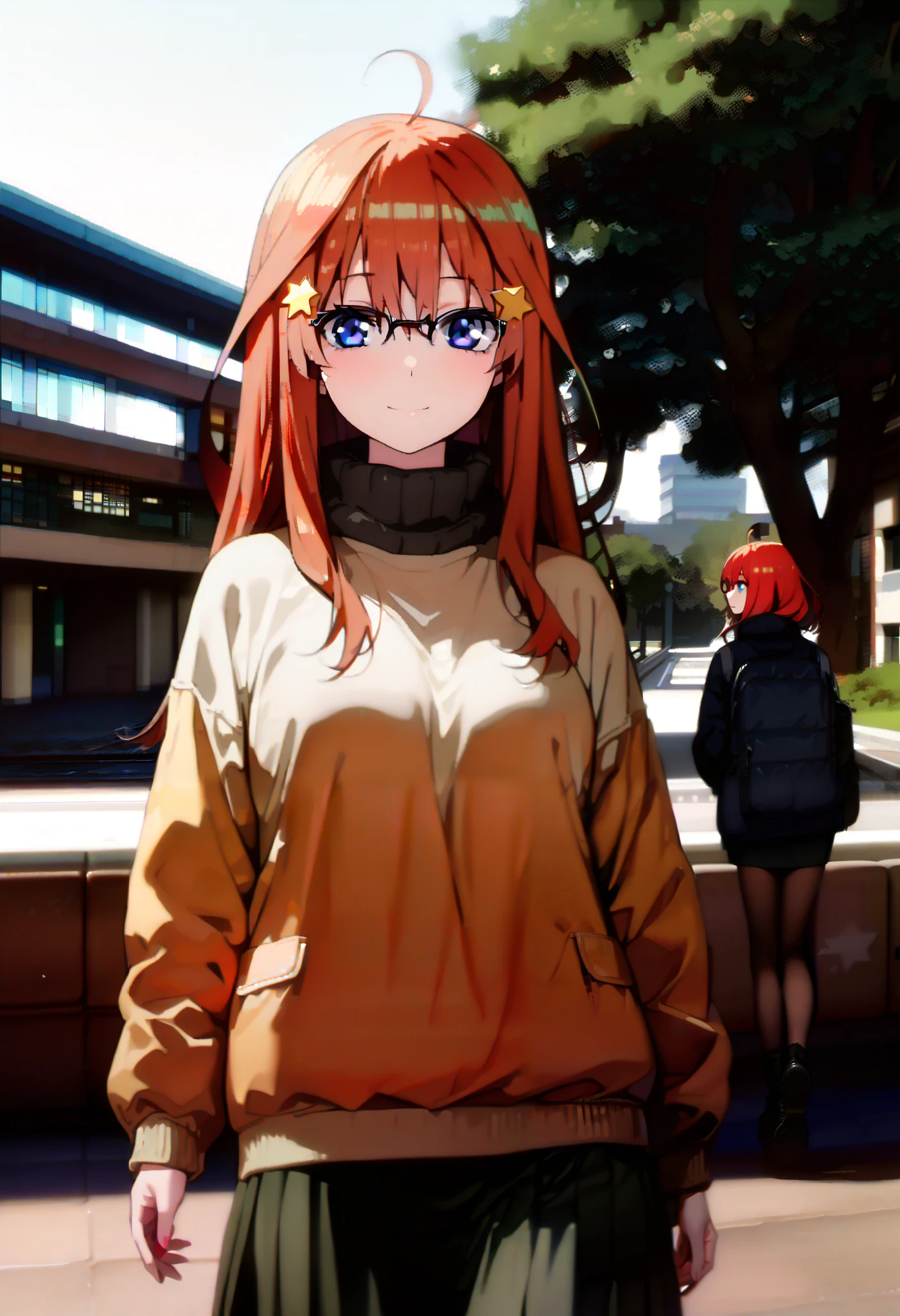 Nakano Mizuki , stupid hair, long hair, blue eyes,star ( symbol ),  half rimless glasses,   underrim eyewear , star  髪飾り, Red Hair,Big Breasts,smile,red, mouths, White Breath, down jacket,( sweater :1.2),( turtleneck:1.2),redマフラー,Black long skirt, black tights, short boots, walking behind,winter,whole bodyがイラストに入るように,                                                               break looking at viewer,whole body,
break outdoors,  University,School building,building,
break (masterpiece:1.2), best quality  , kampala,unity 8k wallpaper,(shape:0.8),(  fine, beautiful eyes  :1.6),It's a person ,whole body写真,CG Details , (perfect hand, complete anatomy),