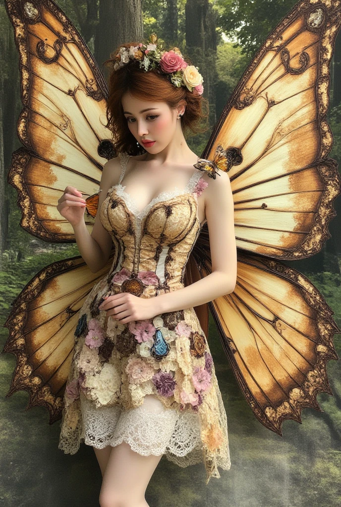 ((extreme detail)),(ultra detailed),(drawing), chiaroscuro, extremely detailed CG Unity 8k wallpaper, Gwendolyn, Hip feathers, holding polearm,  strapless dress, crown, cut off sleeves, necklace, armored boots on the hips, feather hair bundles, facing forward, looking на зрителя, White background, error, butterfly, grass, hydrangea, sheet, shroom, nature, plant, an apple, looking, looking up, Above,