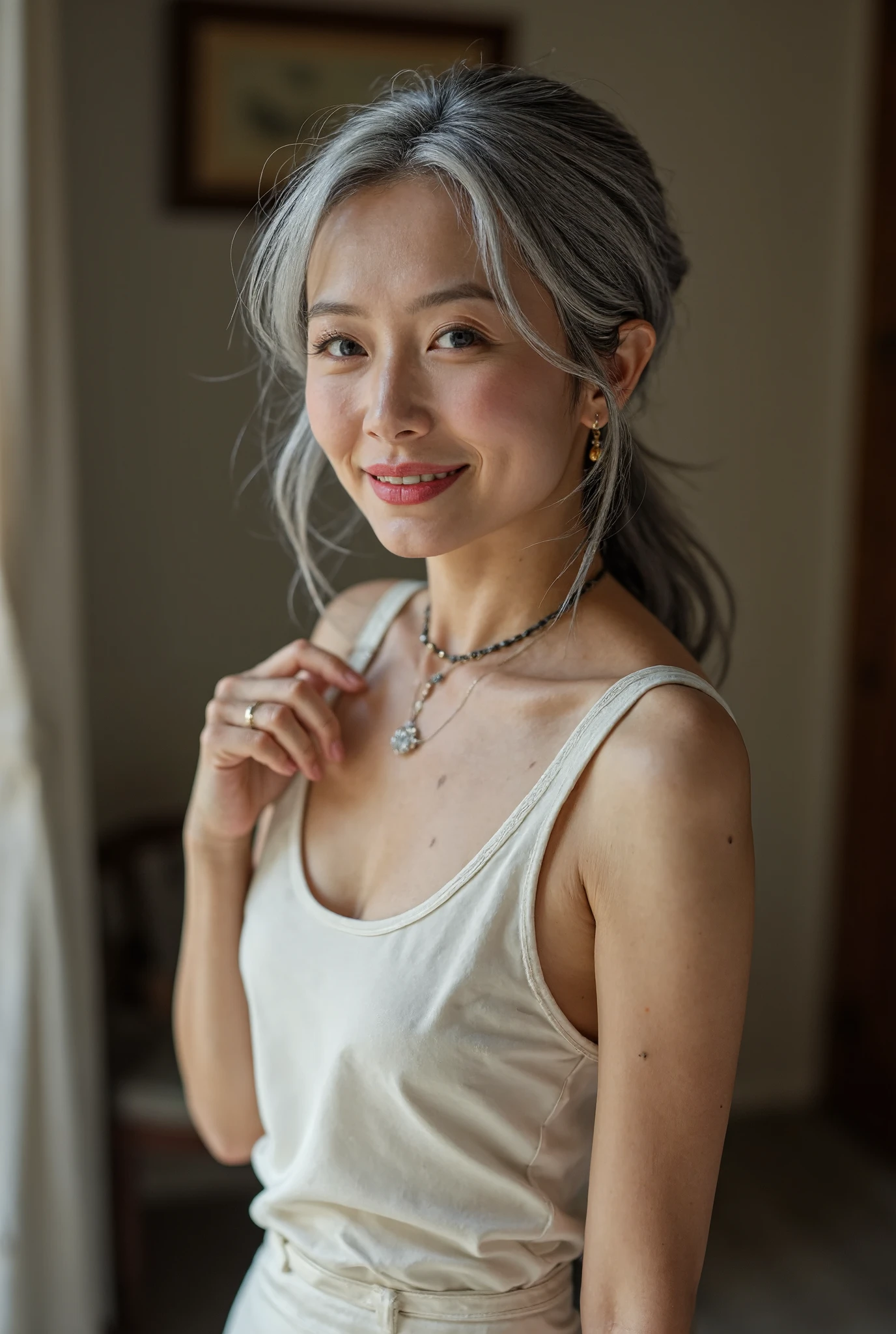 Beautiful elderly woman, cute,sexy,55 years old,,sexy,Wear a pearl necklace, old woman,Big saggy Breasts:1.6, , skimpy white top Hair in a plait, breasts coming out of top, long plait, plain grey background