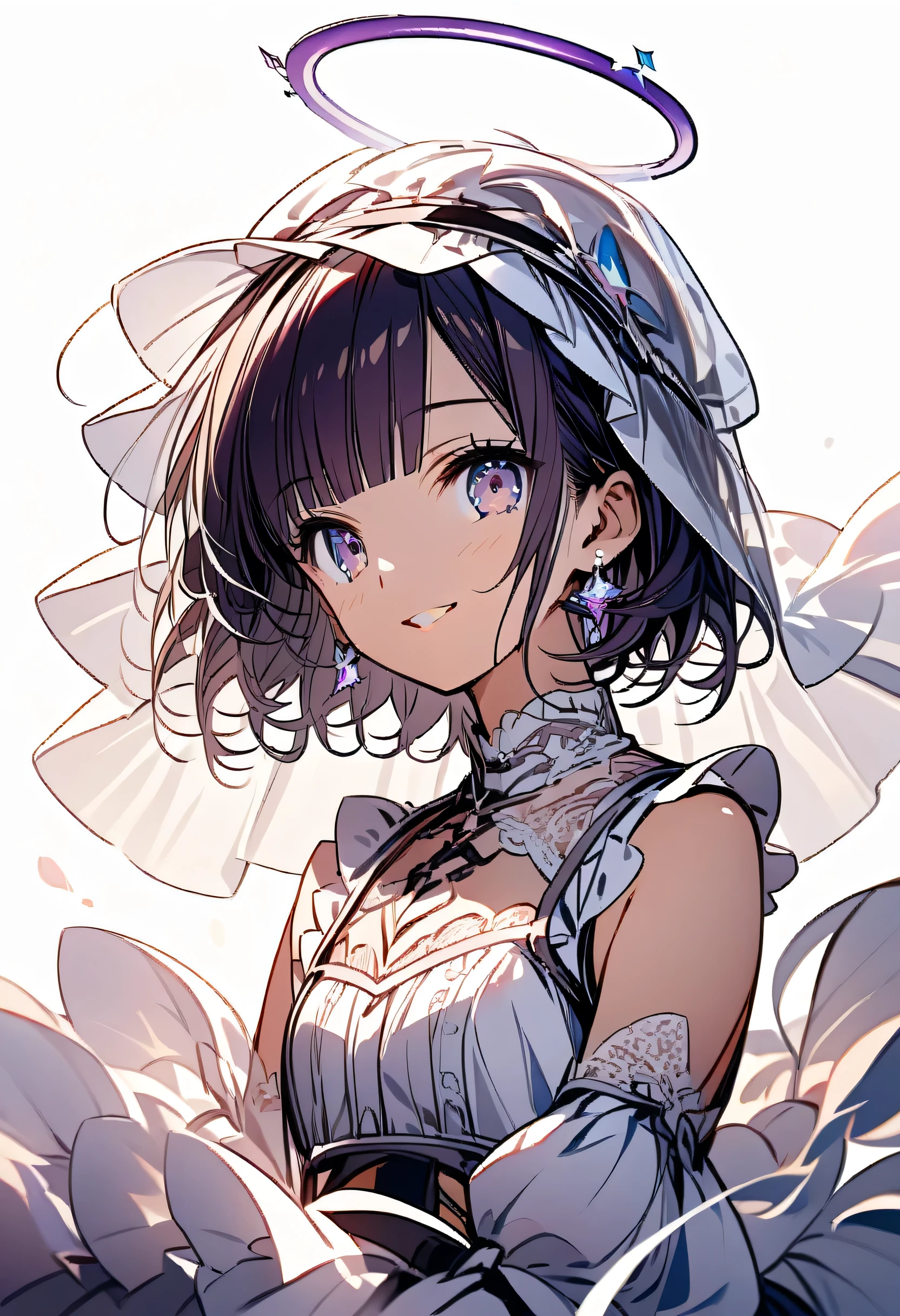 score_9, score_8_up,score_7_up,source_anime,source_comic,source_illust,(looking ai viewer),upperbody,(purple color pixie cut),blunt bangs,smile,(White veil, white frilly cute dress), (with angel wings),(Complete Anatomy:1.3),(white simple background),(manga style),(sketch),(illustration),best quality, official art, official style, anime_cap, game cg, megami magazine