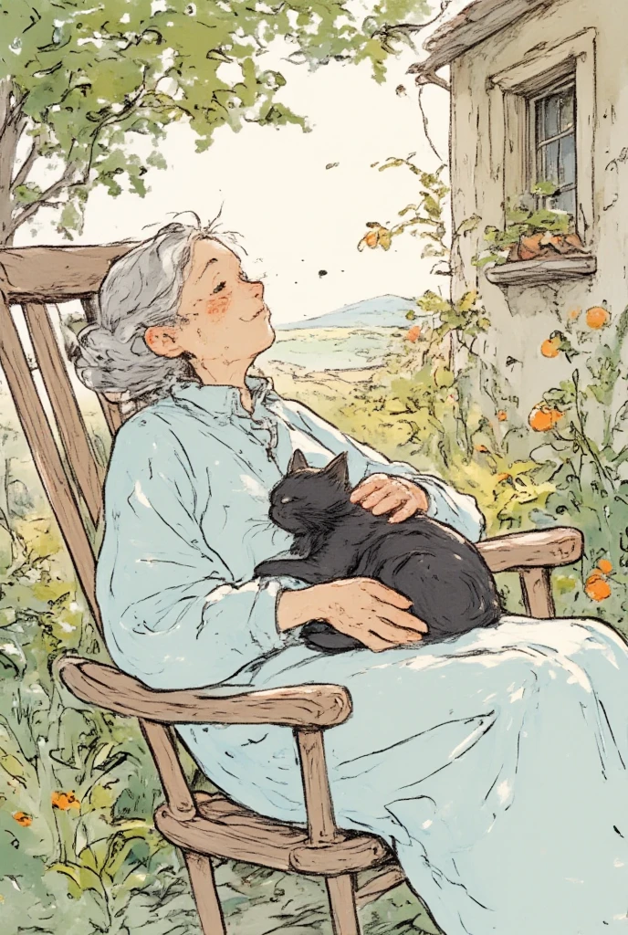 An old woman is dozing off in a rocking chair, with a black cat curled up and sleeping on her lap. It's a heartwarming scene on a spring afternoon in Sicily, in a sunny garden with a tomato patch nearby.