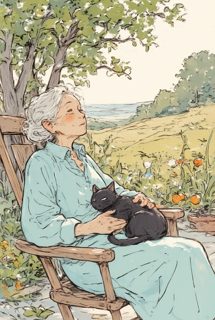 An old woman is dozing off in a rocking chair, with a black cat curled up and sleeping on her lap. It's a heartwarming scene on a spring afternoon in Sicily, in a sunny garden with a tomato patch nearby.