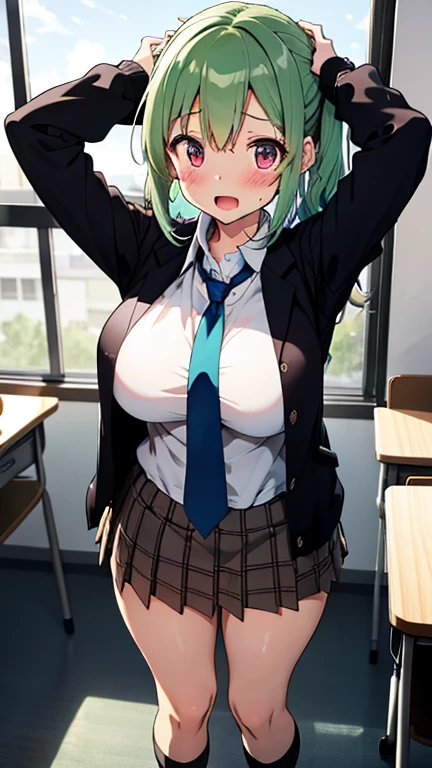 highest quality, Super detailed, masterpiece, Ultra-high resolution, 8k, Ridiculous, Cowboy Shooting, Focus on the girl, Embarrassing, blush, Lovely, Close one eye, With tears in her eyes and her mouth open, drooling, (arms behind head), (wariza),Classroom Background, 1girl, tsunade \(naruto\), naruto \(series\), (1girl, dancer \(final fantasy\), final fantasy), large breasts, sagging breasts,(huge nipples), Black knee socks,Thighs,Waistline, (high angle shot)
