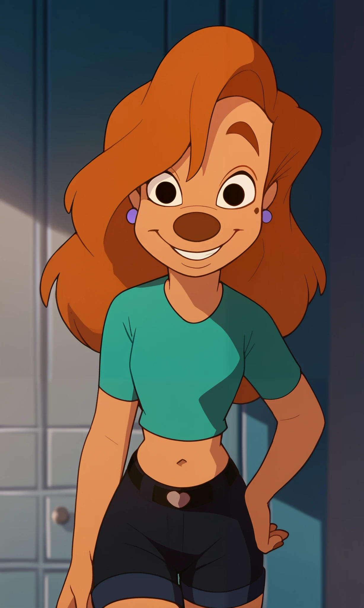 roxanne, 1girl, brown hair, long hair, solo, earrings, black eyes, green midriff shirt, navel, short sleeves, smile, furry female, short shorts, belt,, score_9, score_8_up, score_7_up, score_6_up, score_5_up, score_4_up, looking at viewer, hand on own hip, cowboy shot,