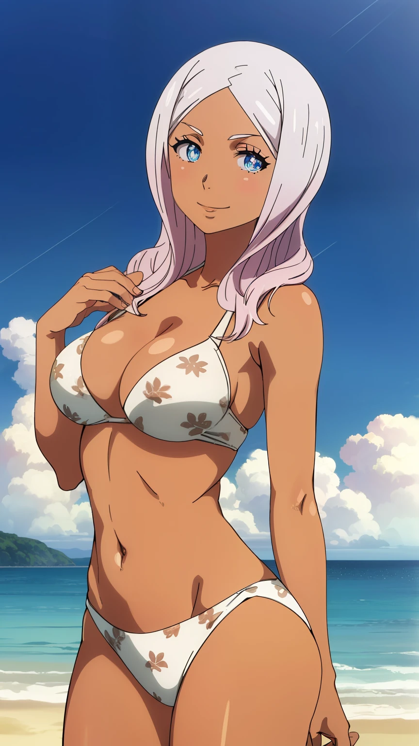 (Top quality, masterpiece, 8k:1.2), (Realistic skin texture), (anime coloring:1.2), very detailed, perfect hair style, beautiful eyes, perfect eyes, detailed eyes, perfect eyebrows, perfect face, detailed face, perfect hairstyle, ultra-detailed, detailed eyes, symmetrical eyes, sharp details, Hibana, 1 woman, solo, 20 years old, adult woman, (soft look), silver hair, short hair, (brown skin:1.0), (medium breasts:1.2), (Geometric-print-bikini, swimsuit, (erectile nipples:0.8), cleavage, thighs, smile), (beach, blue sky), (cowboy shot), dutch angle, looking at the viewer,